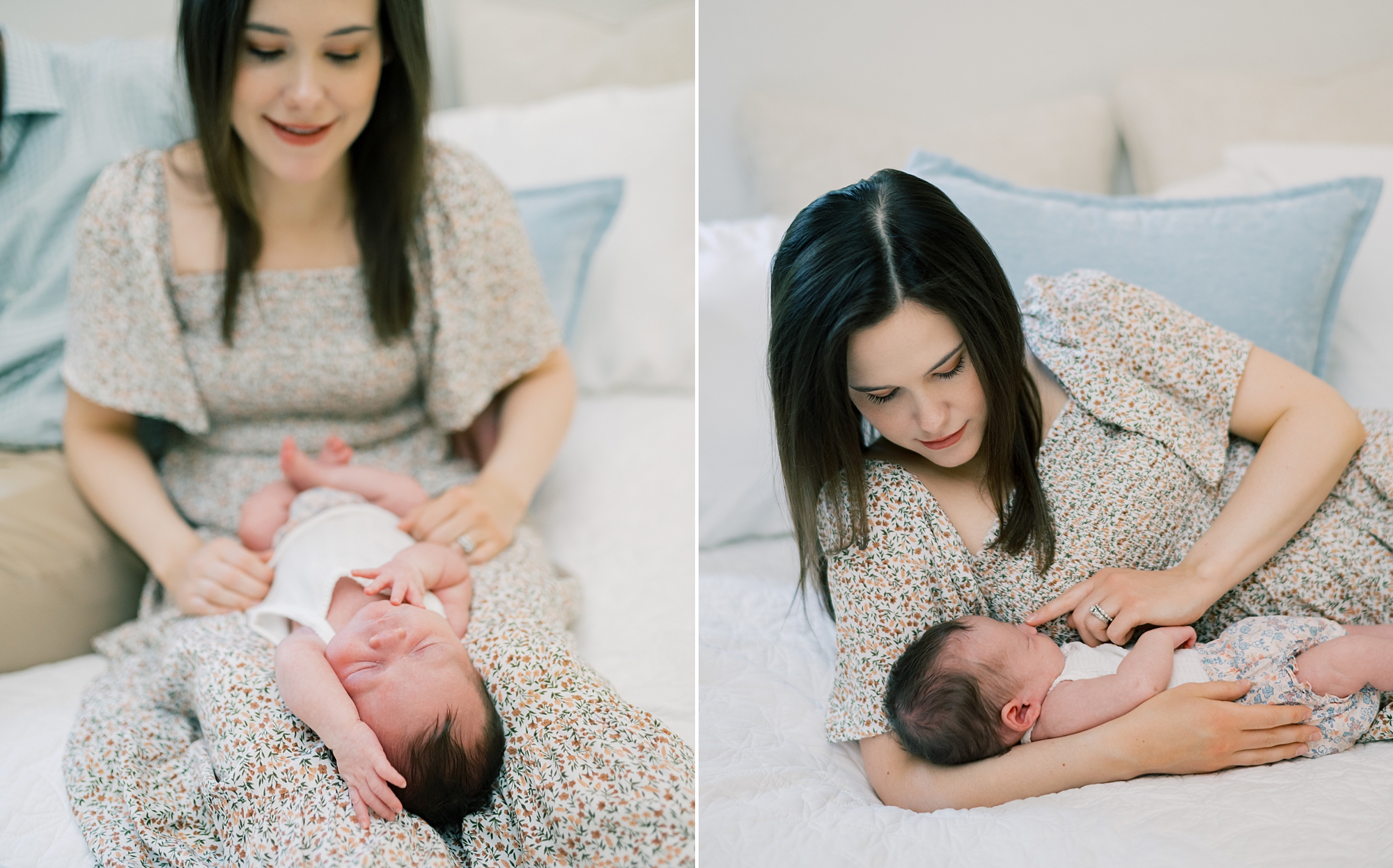 mom leans on bed snuggling with newborn during newborn session at home in Washington DC