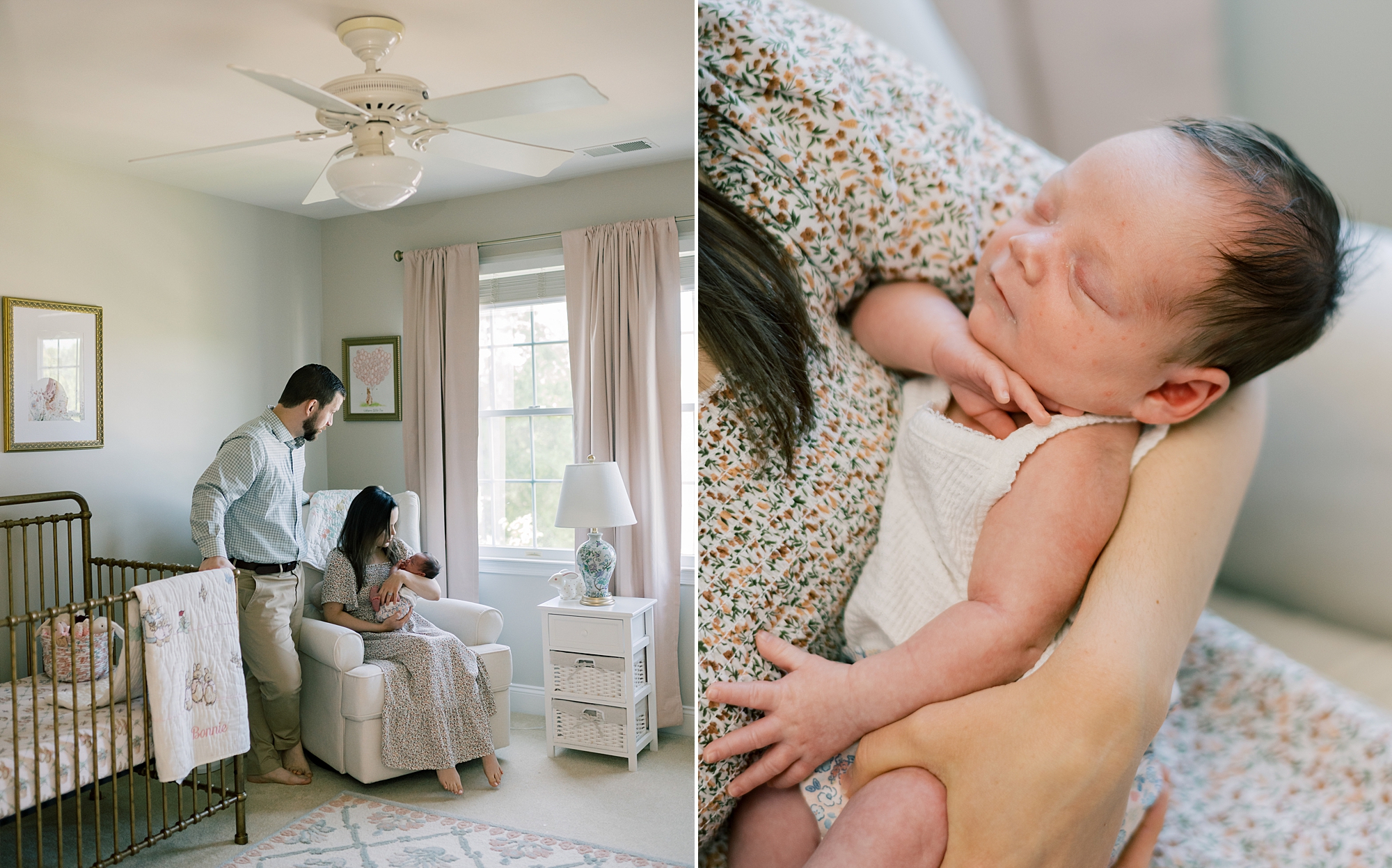 dad looks at baby girl as mom rocks her in nursery