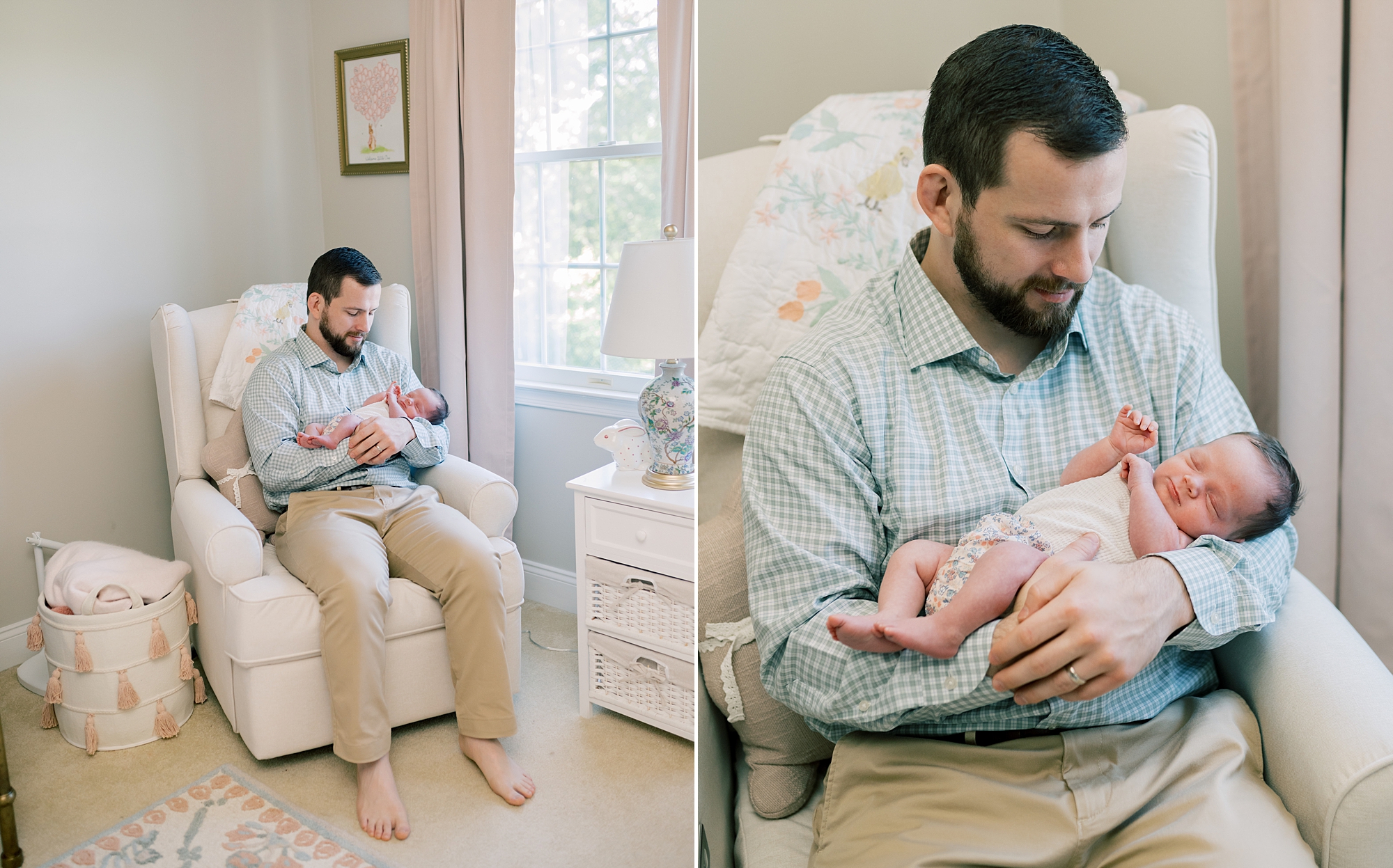 dad rocks newborn girl in corner of nursery
