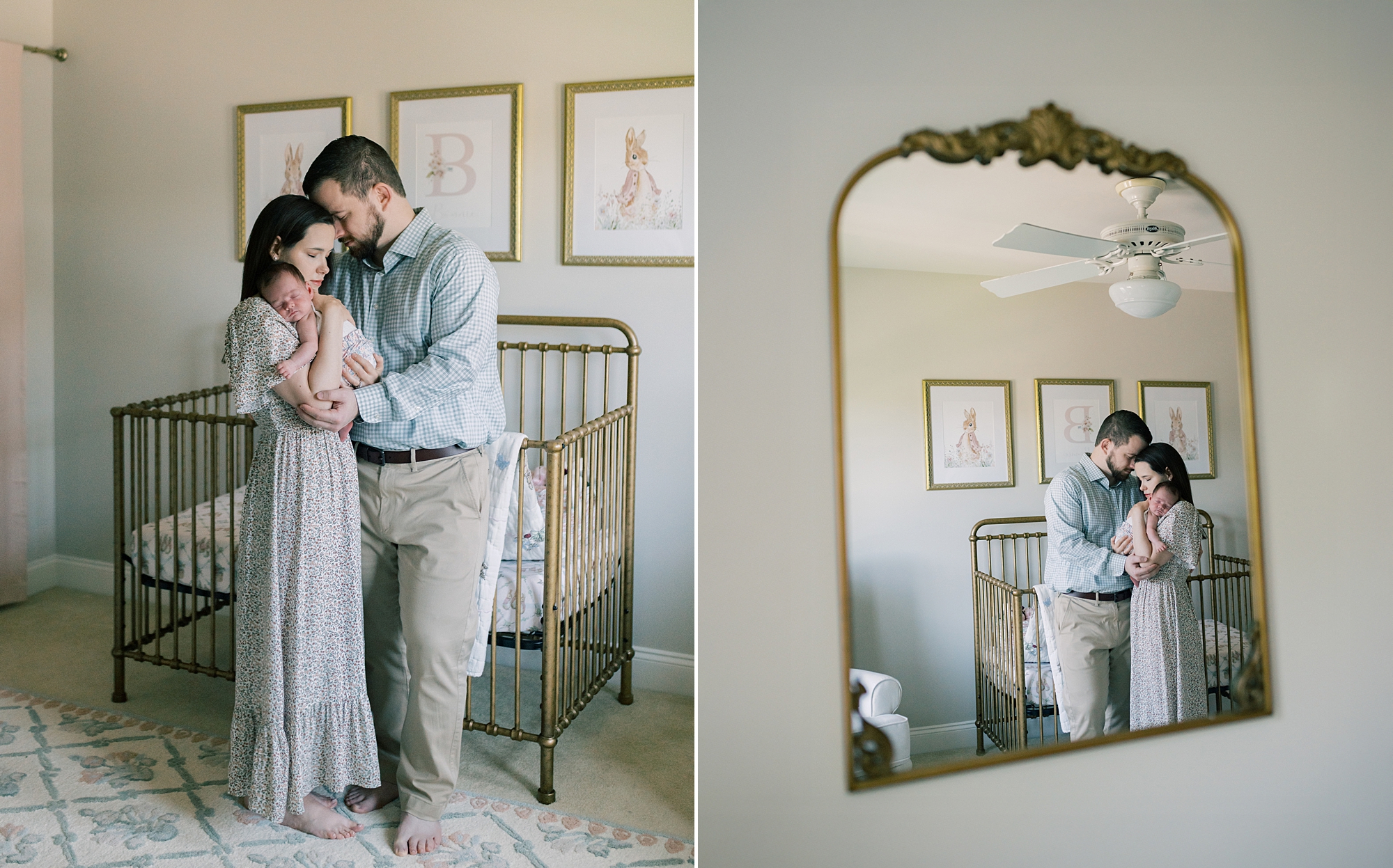 reflection of couple snuggling baby in gold rimmed mirror