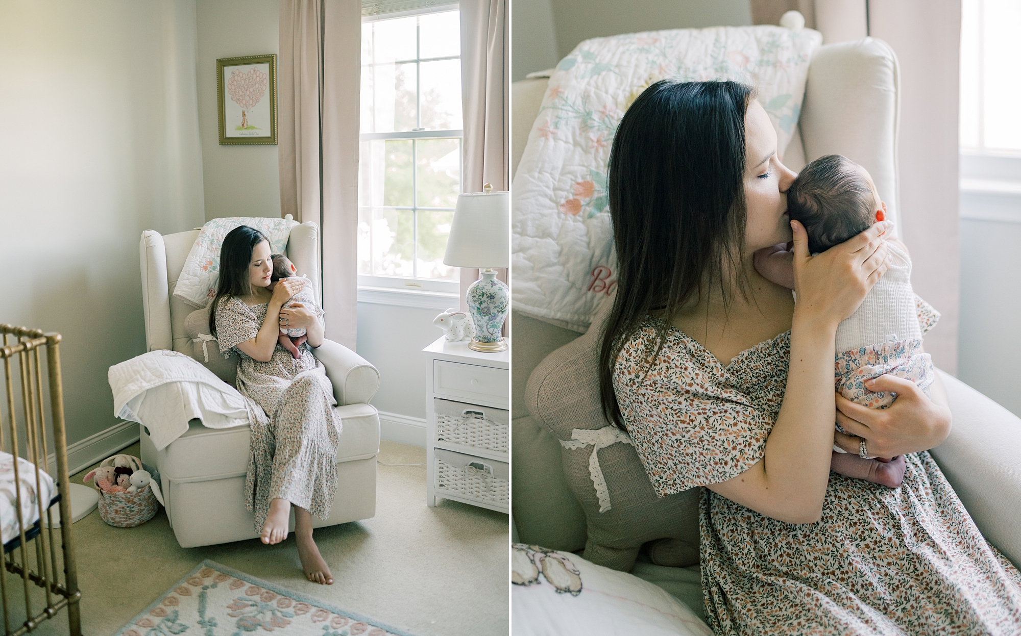 mom kisses newborn baby on head during newborn session at home in Washington DC