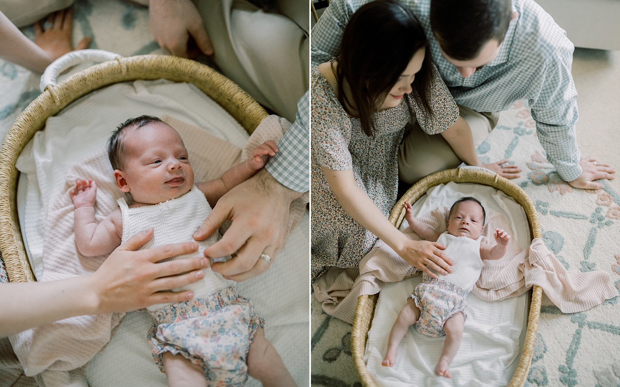 parents look at baby girl in Moses basket on floor of nursery during newborn session at home in Washington DC