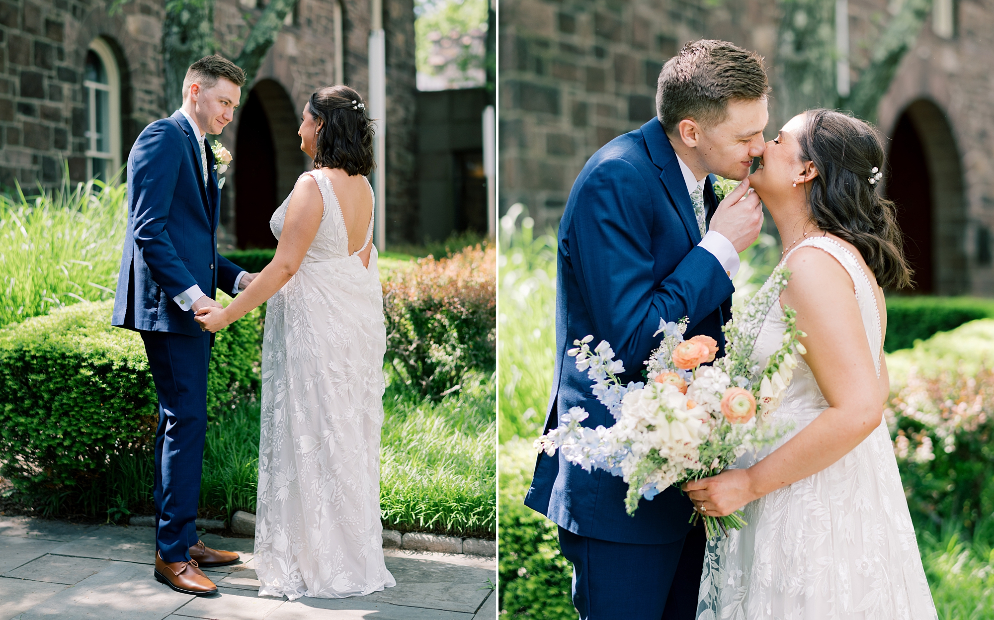 bride and groom kiss during first look outside stone building in PA