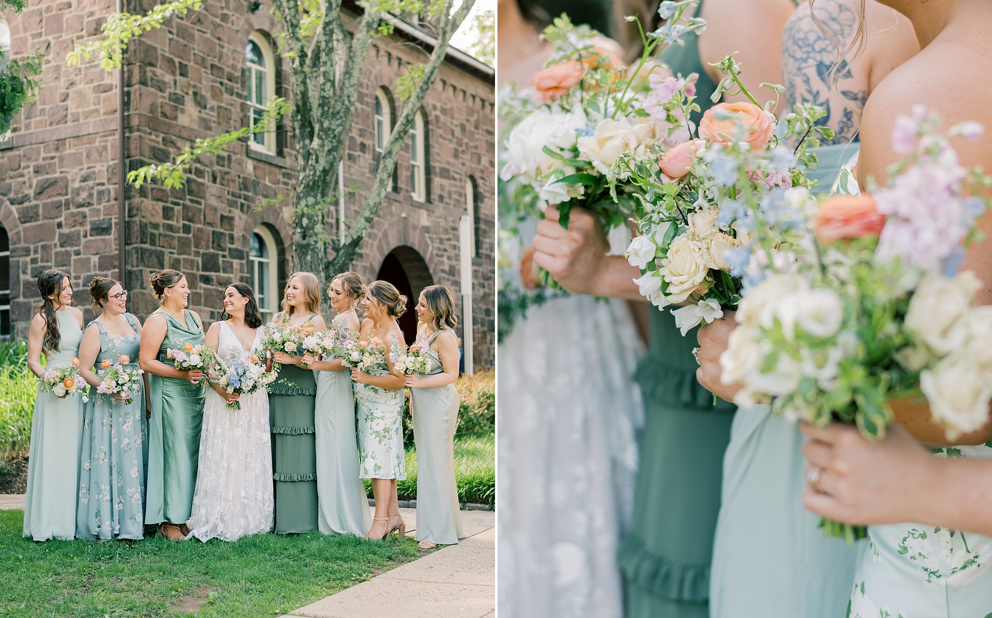 bridesmaids in mismatched blue and green gowns pose holding spring bouquets