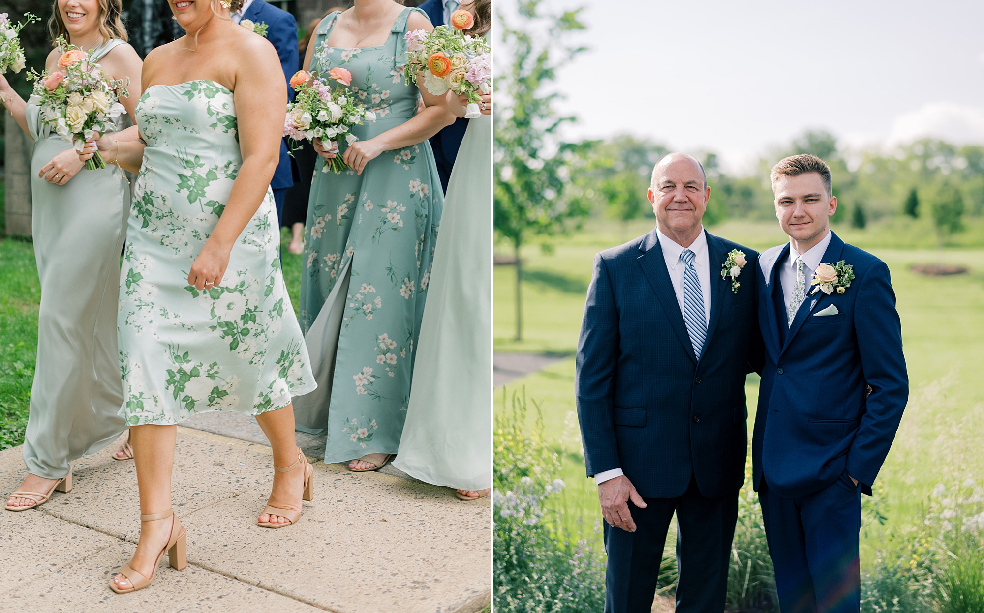 bridesmaids walk in mismatched green dresses at Terrain Gardens