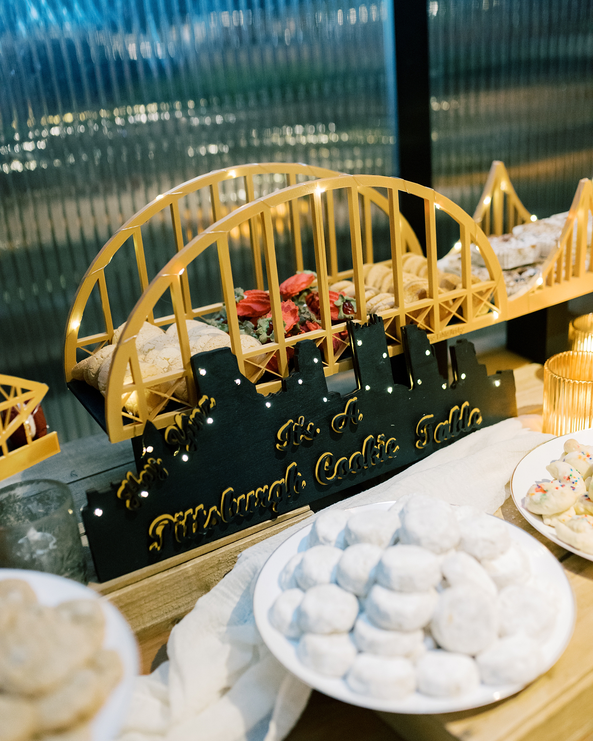 bridge and skyline details for dessert table at Terrain Gardens