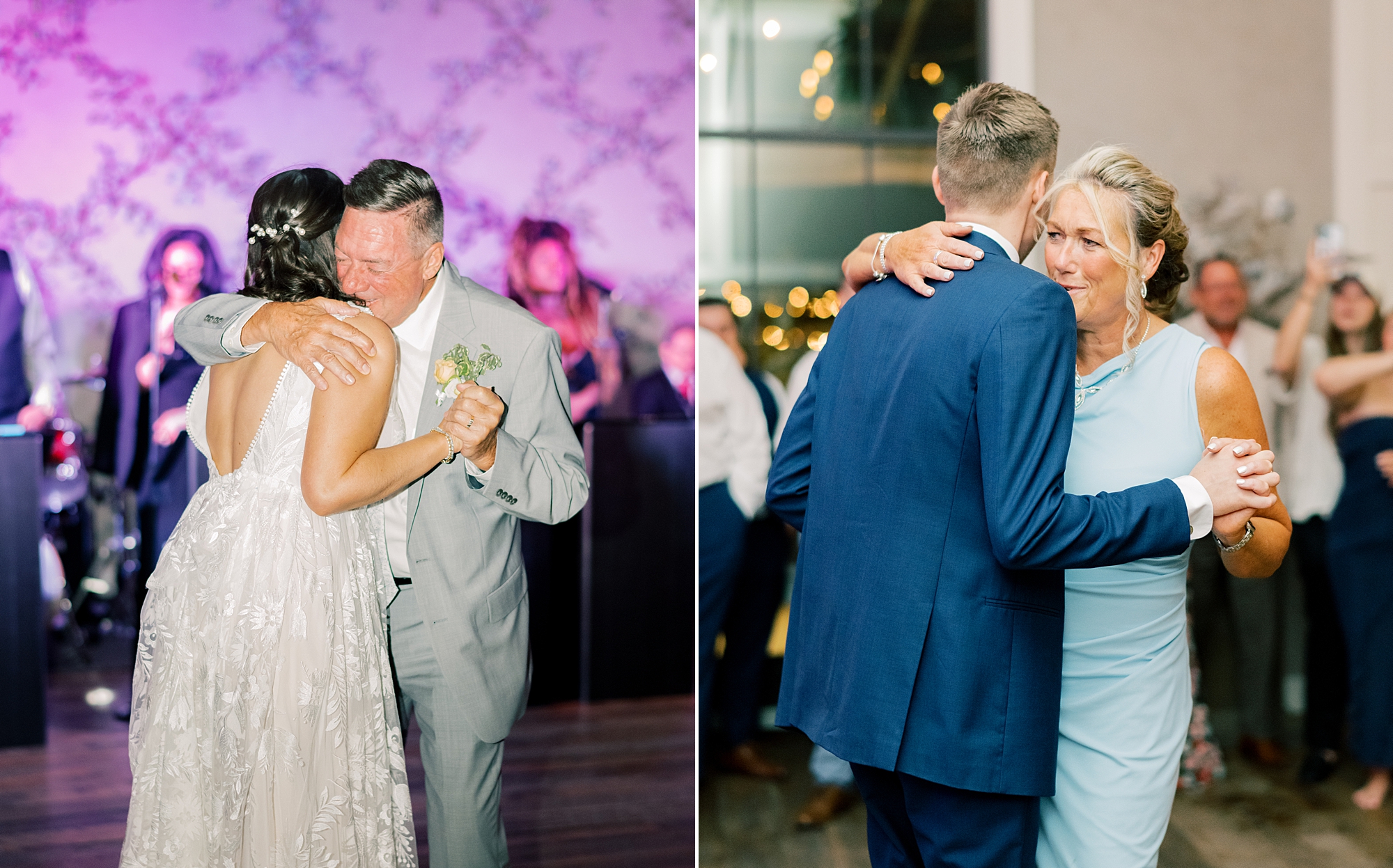 bride and groom dance with parents during reception