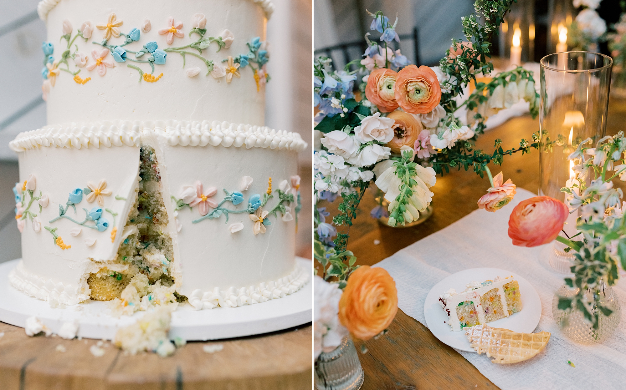 tiered wedding cake with blue and peach icing on layers