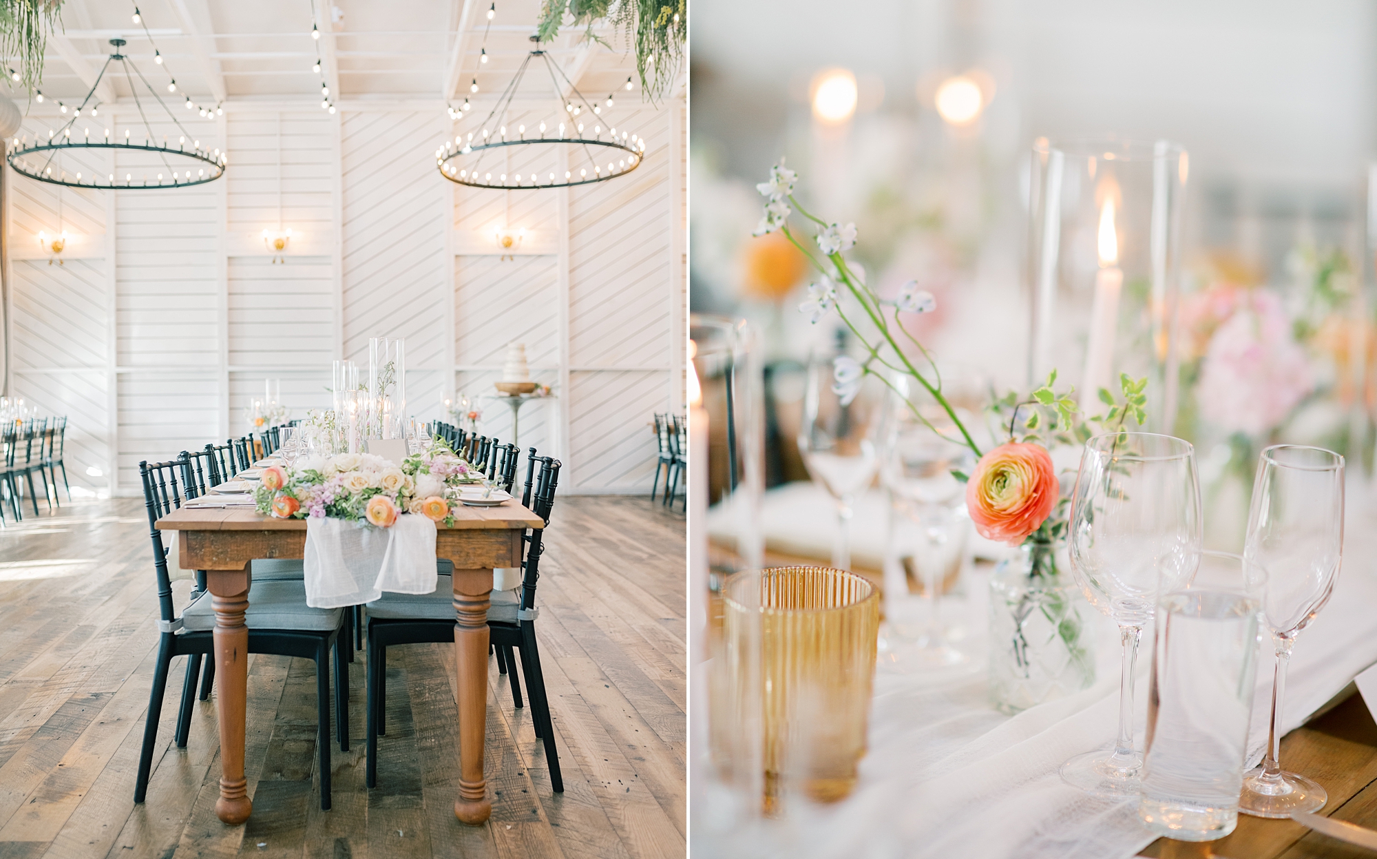 wedding reception in the barn at Terrain Gardens with flowers in simple glass vases