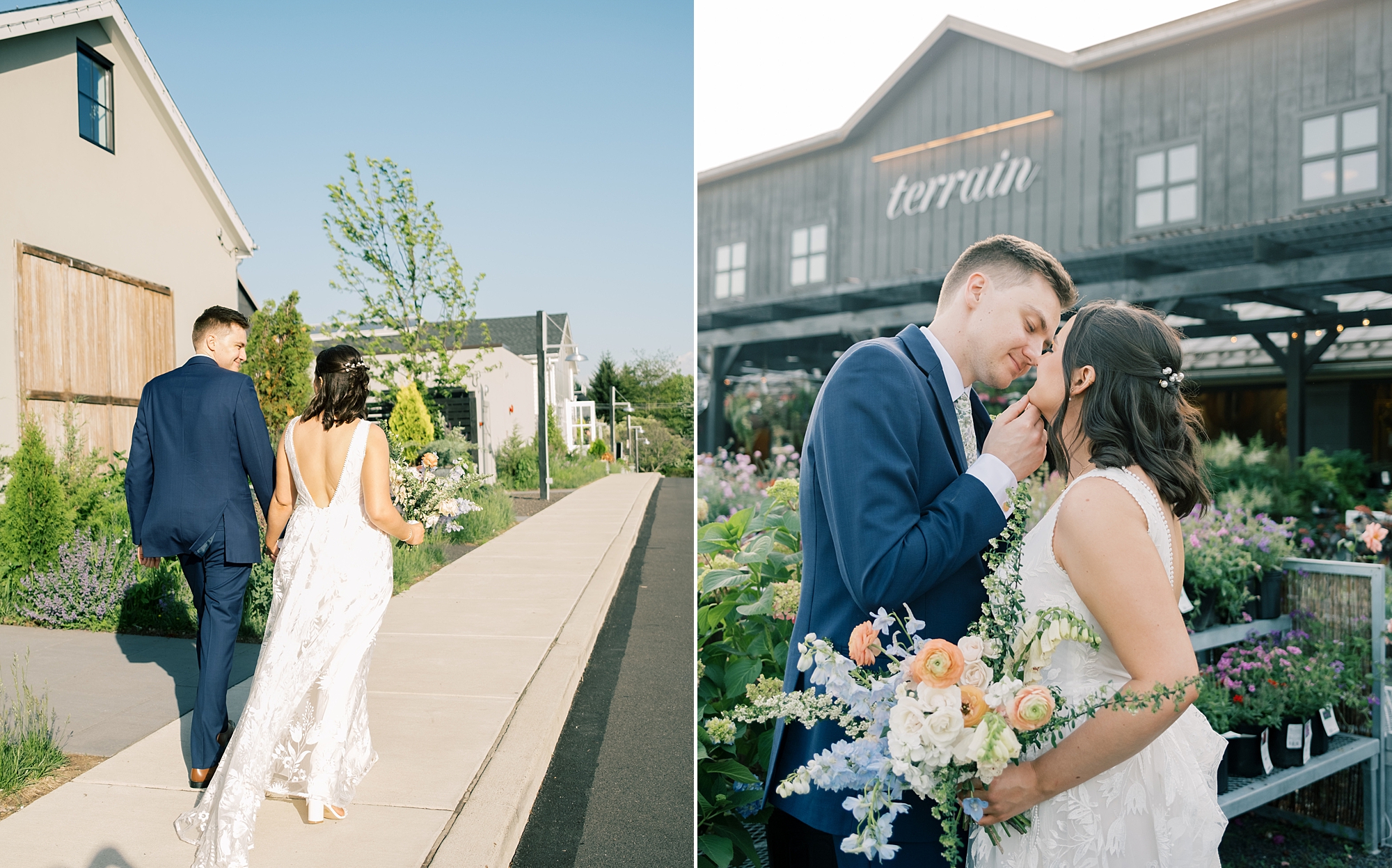 bride and groom kiss outside Terrain Gardens