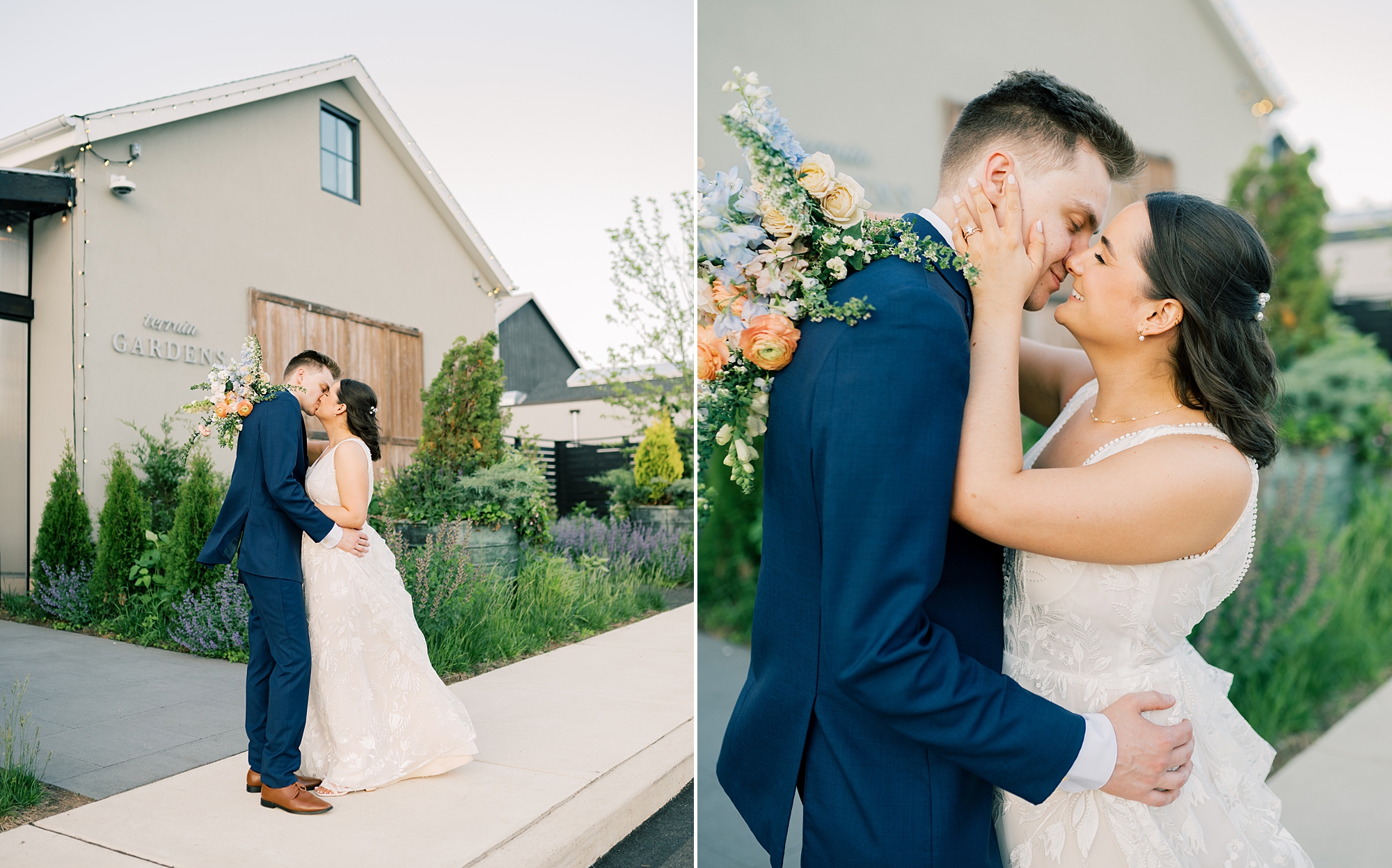 bride and groom hug outside barn at Terrain Gardens