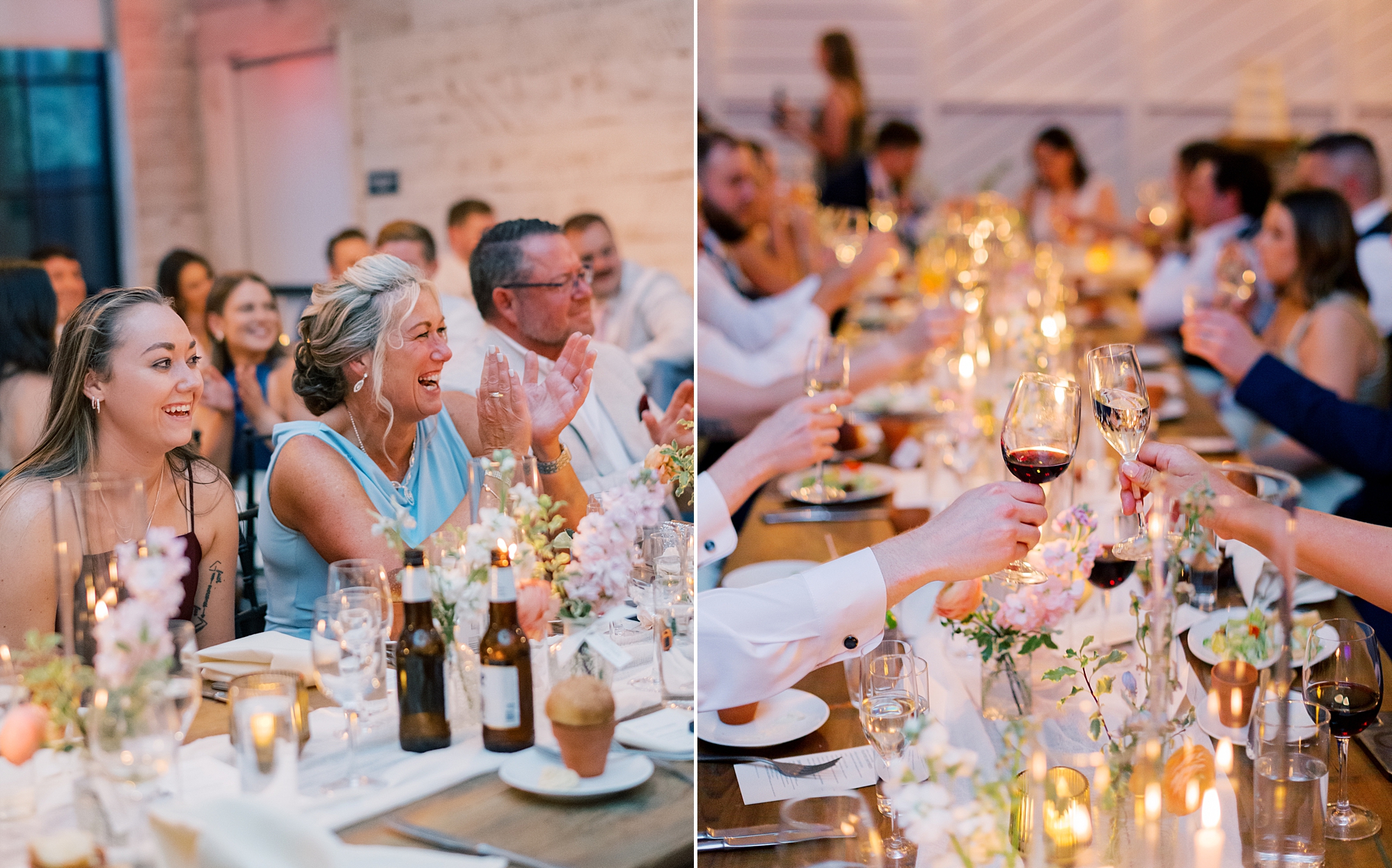 wedding guests clap and toast during reception at Terrain Gardens