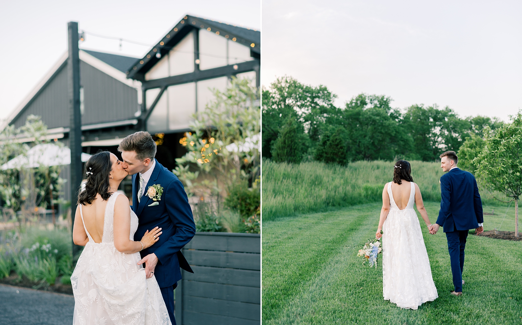 bride and groom kiss and walk on lawn at Terrain Gardens