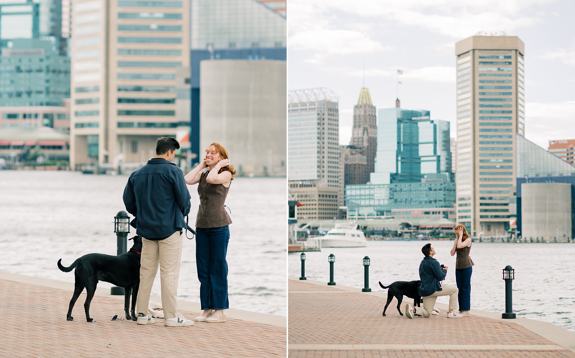 couple smiles and laughs along waterfront during proposal in Baltimore Maryland
