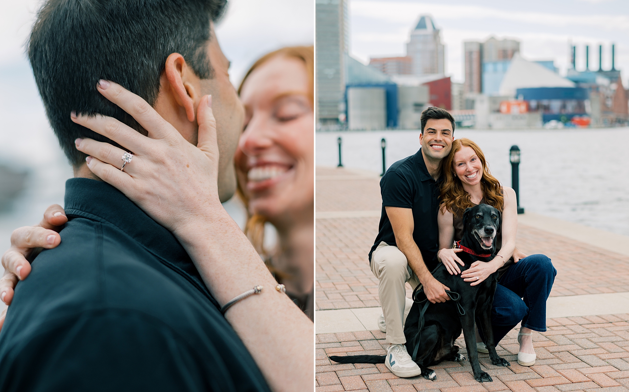 man and woman hug in front of Baltimore waterfront during engagement session