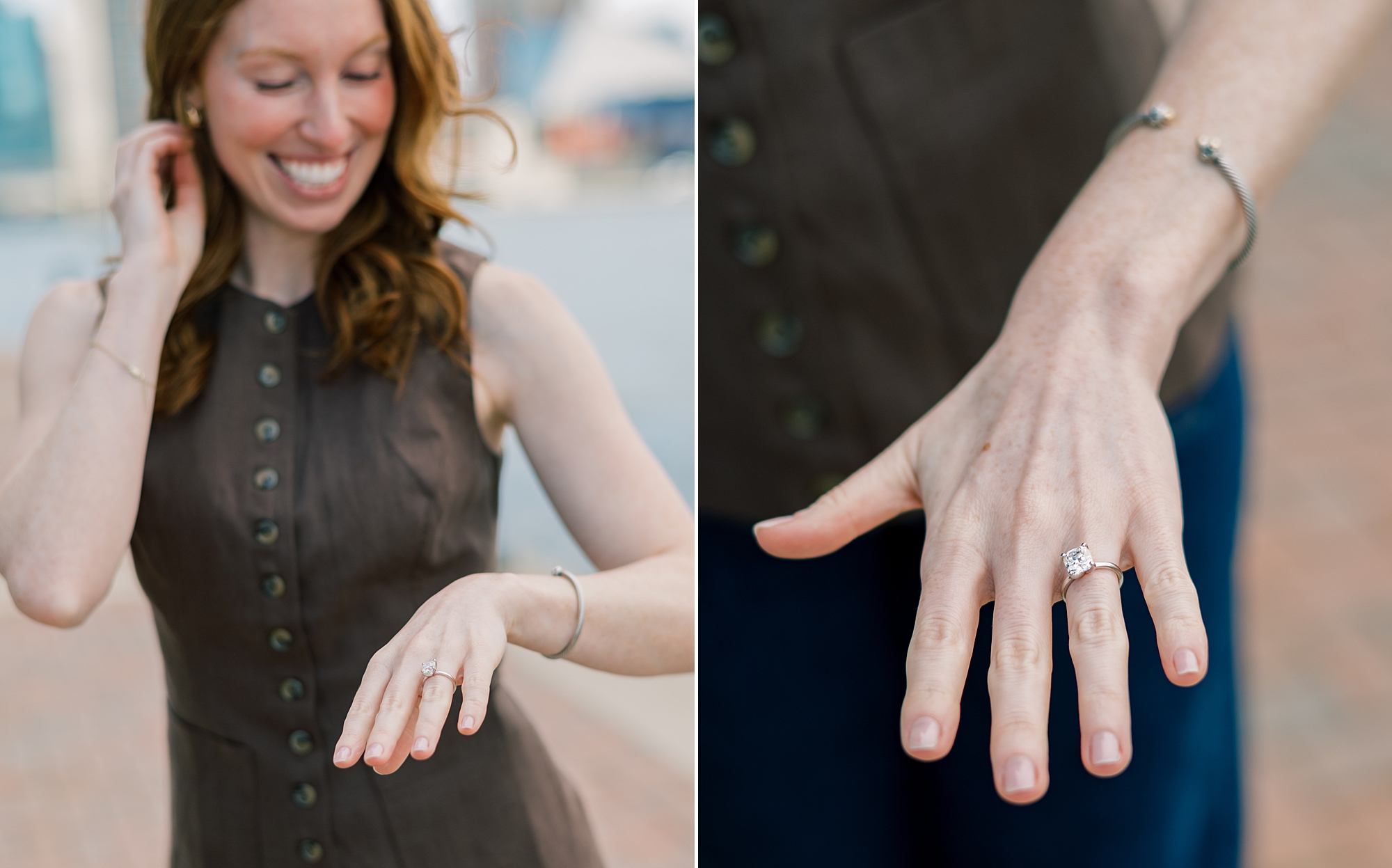 woman shows off diamond engagement ring after proposal in Baltimore Maryland