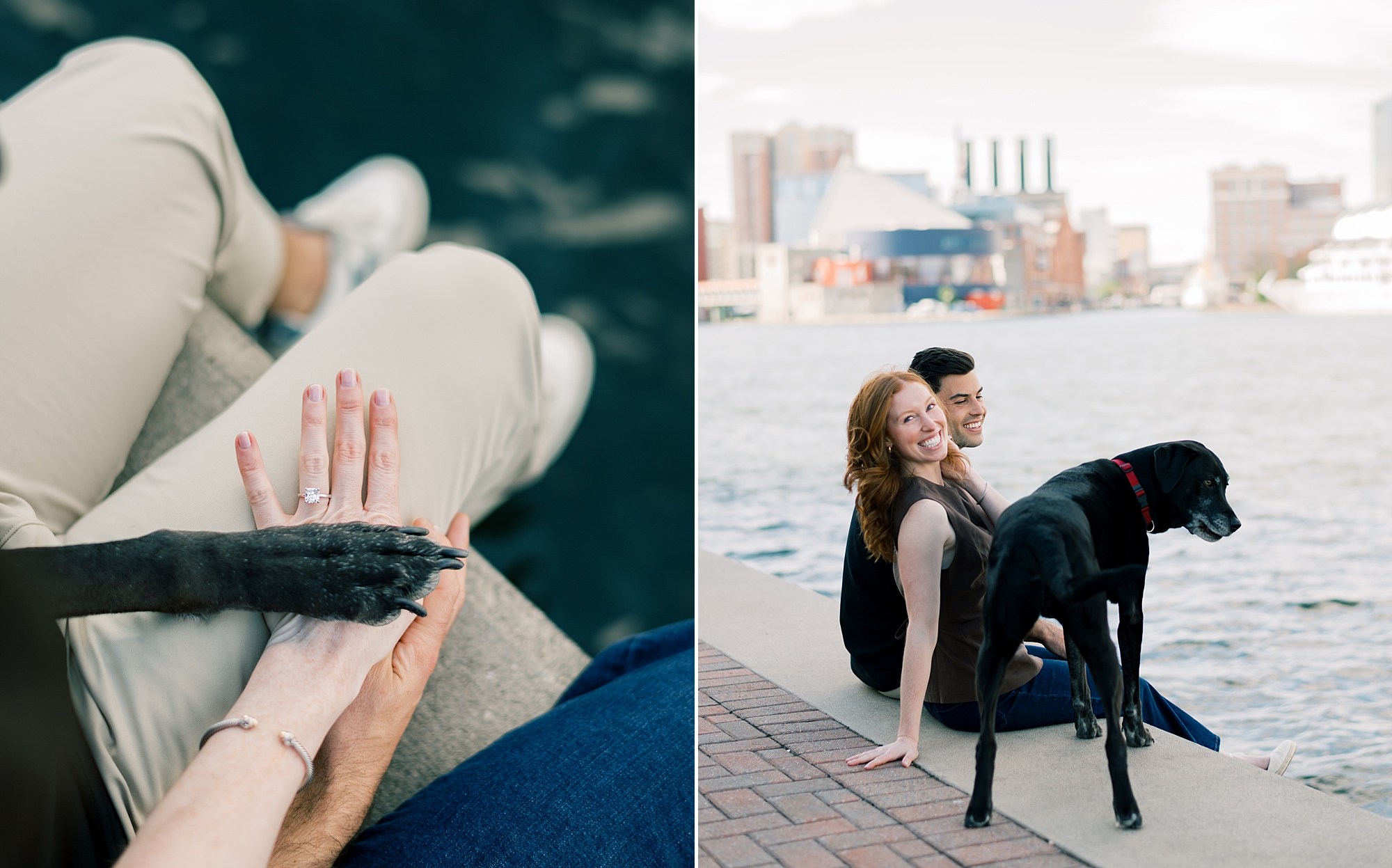 man and woman sit on pier with dog's paw in their lap