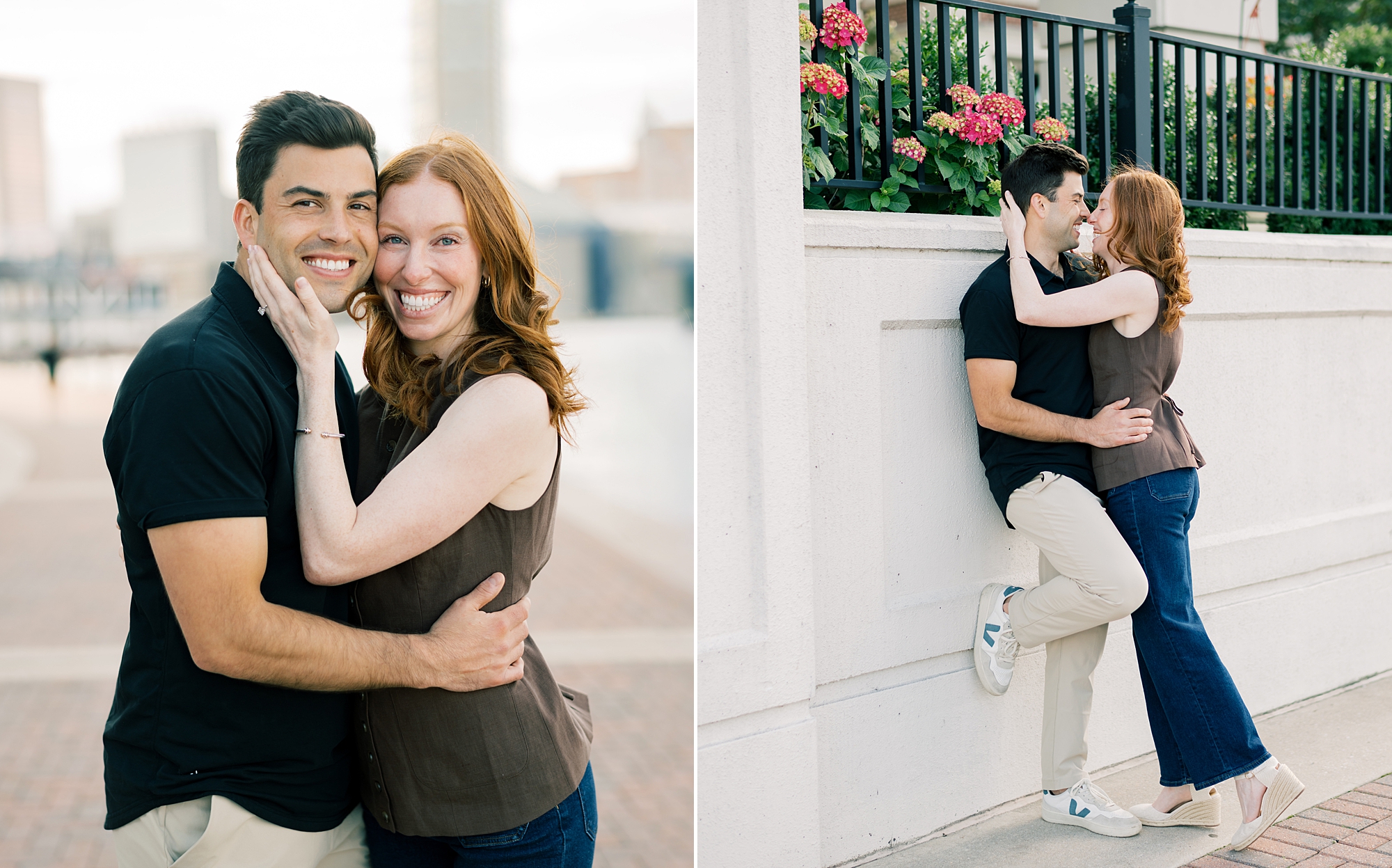 engaged couple hugs along fence during engagement session in Baltimore MD