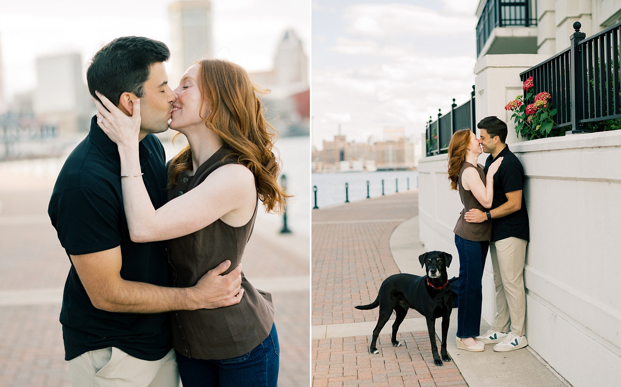 engaged couple kisses by fence in Baltimore MD