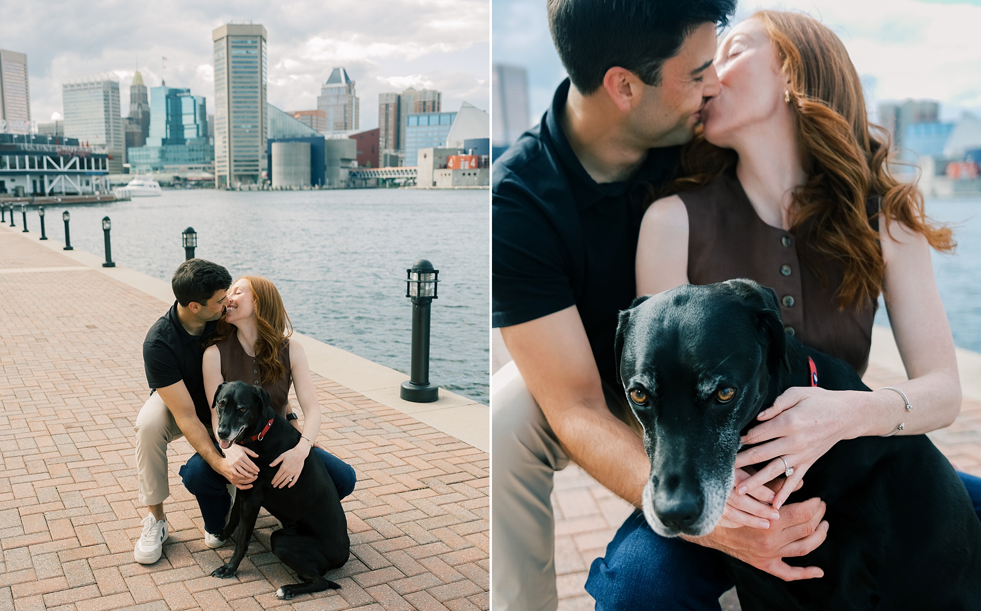 man and woman kneel by dog kissing after proposal in Baltimore Maryland