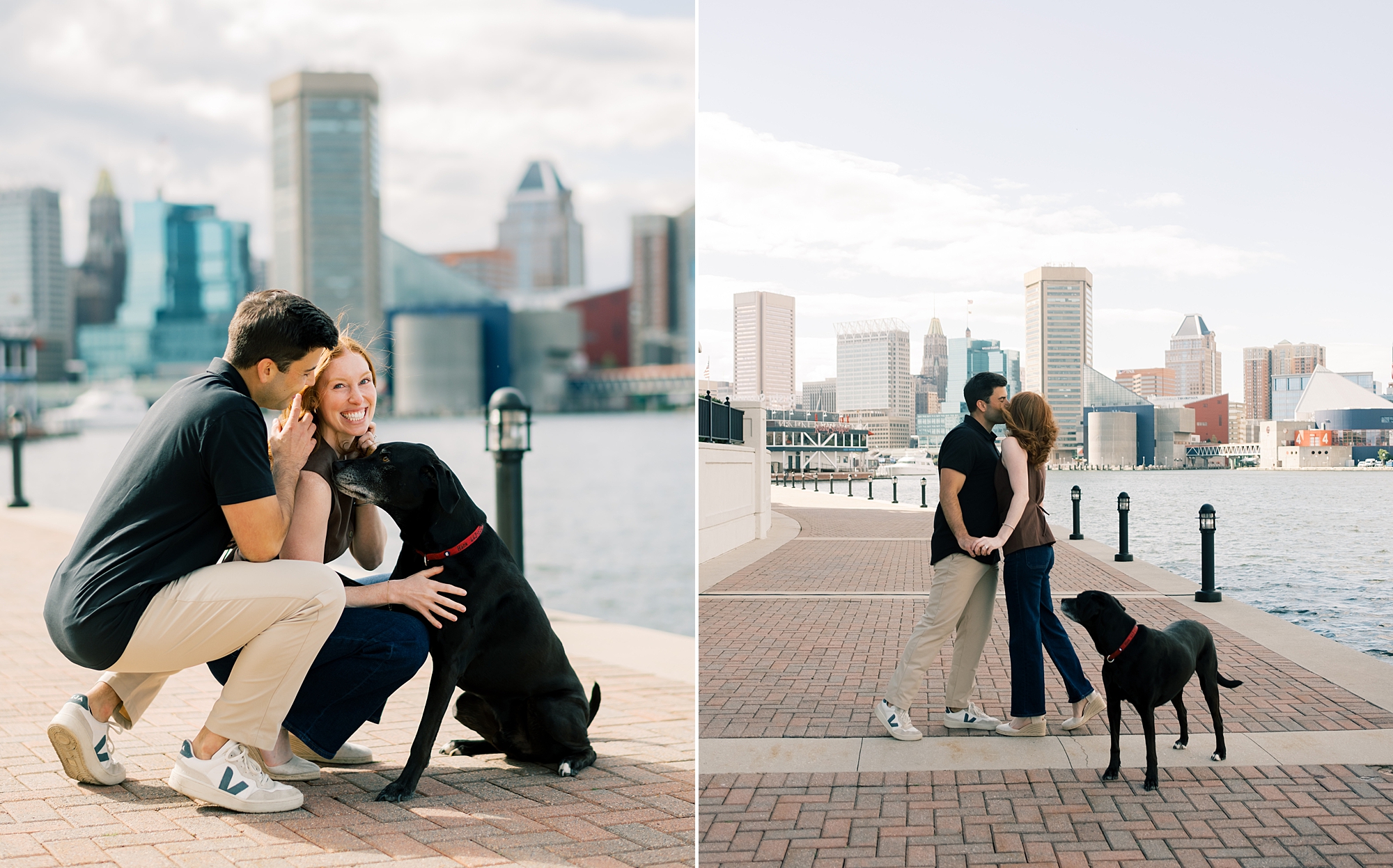 engaged couple hugs along waterfront in Baltimore Maryland