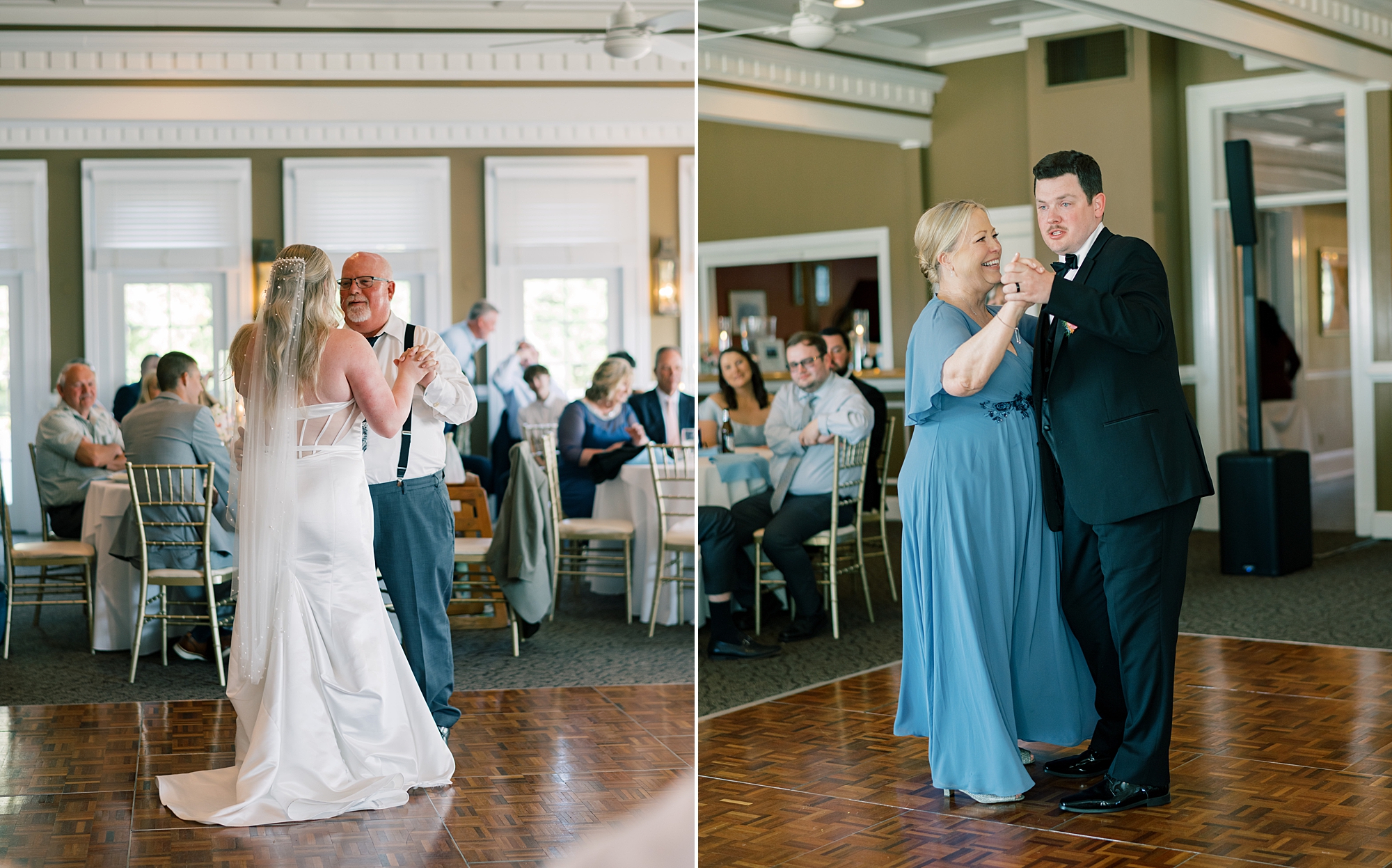 bride and groom dance with parents during Maryland wedding reception 