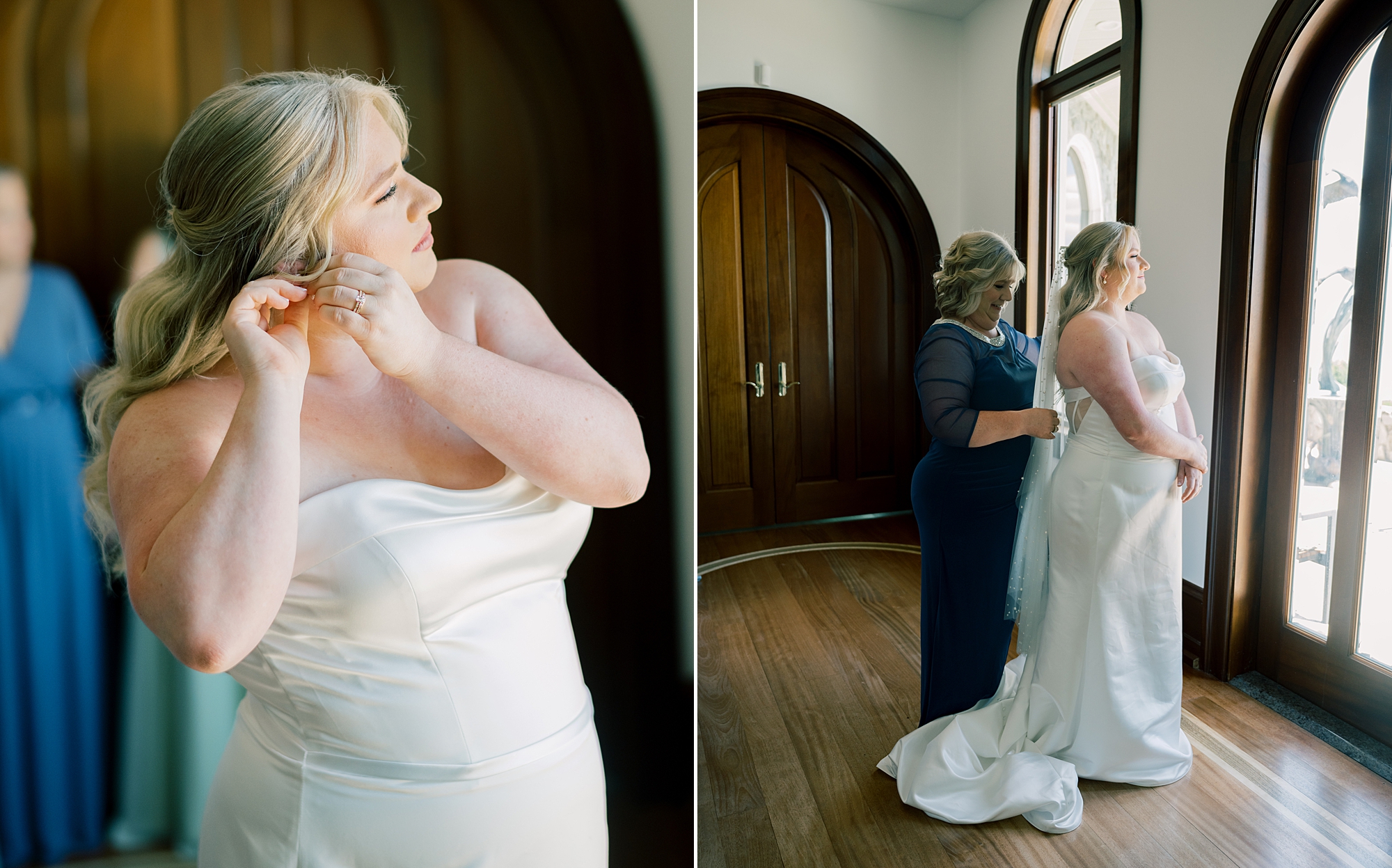 bride adjusts earring during prep at Olde Breton Inn