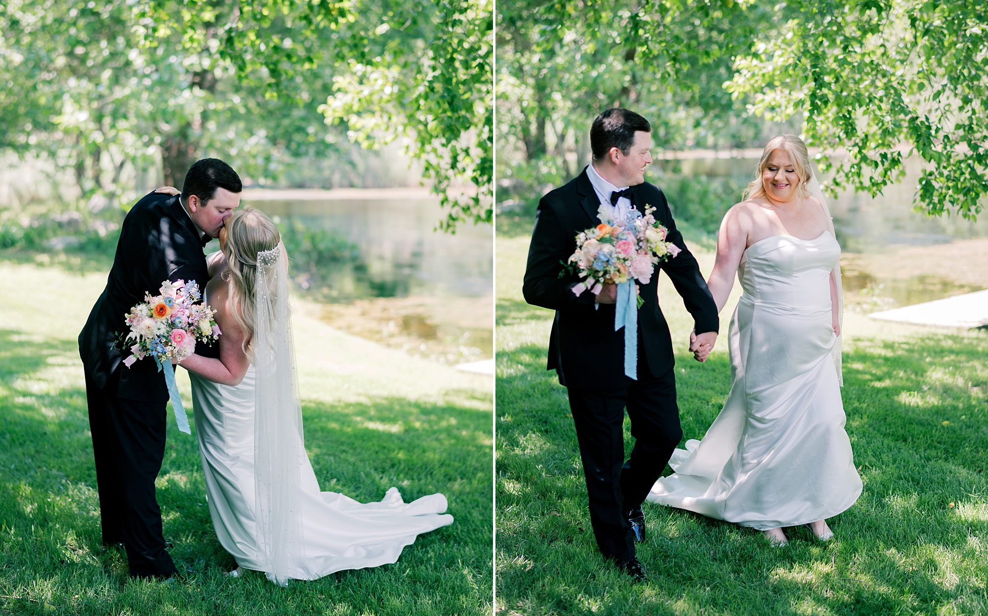 bride and groom hold hands walking under trees at Olde Breton Inn