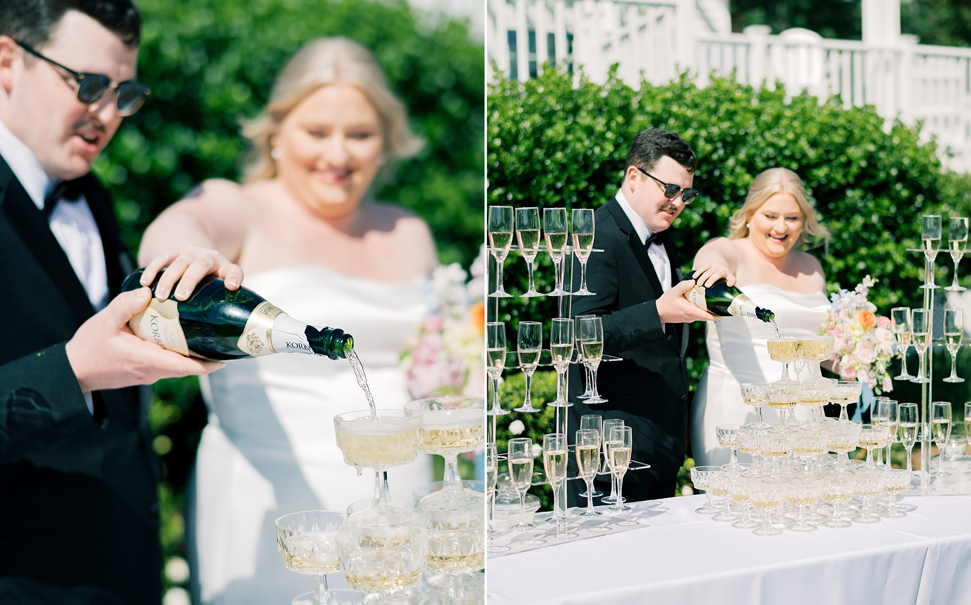 bride and groom pour champagne over glass tower