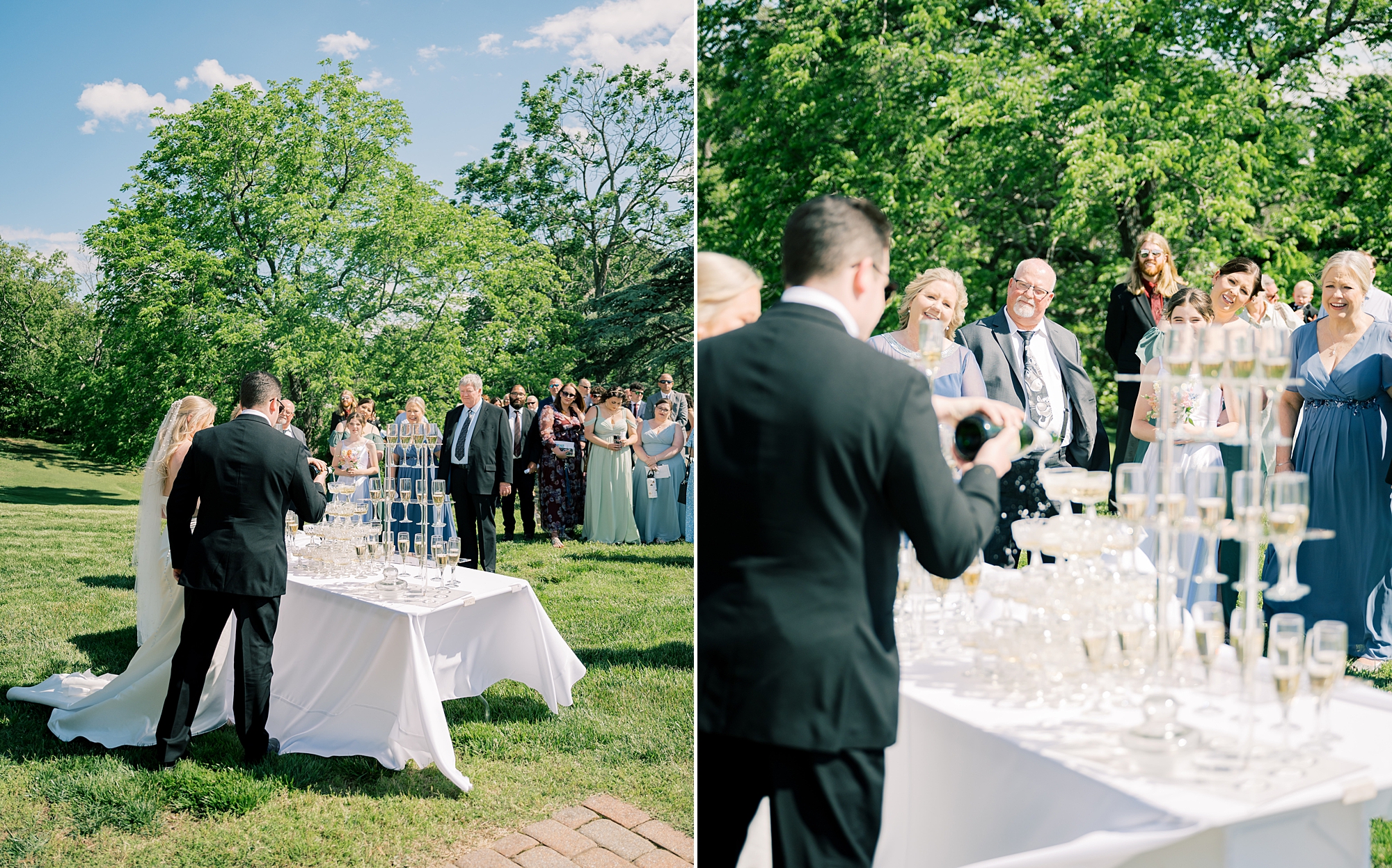 bride and groom pour champagne on tower at Olde Breton Inn