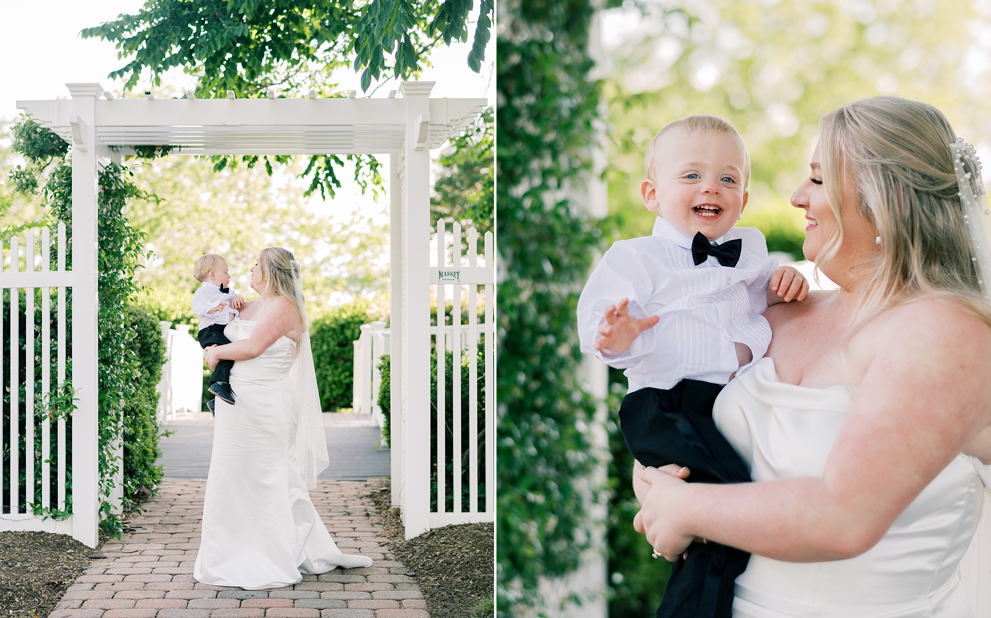 bride smiles at son under white arbor at Olde Breton Inn