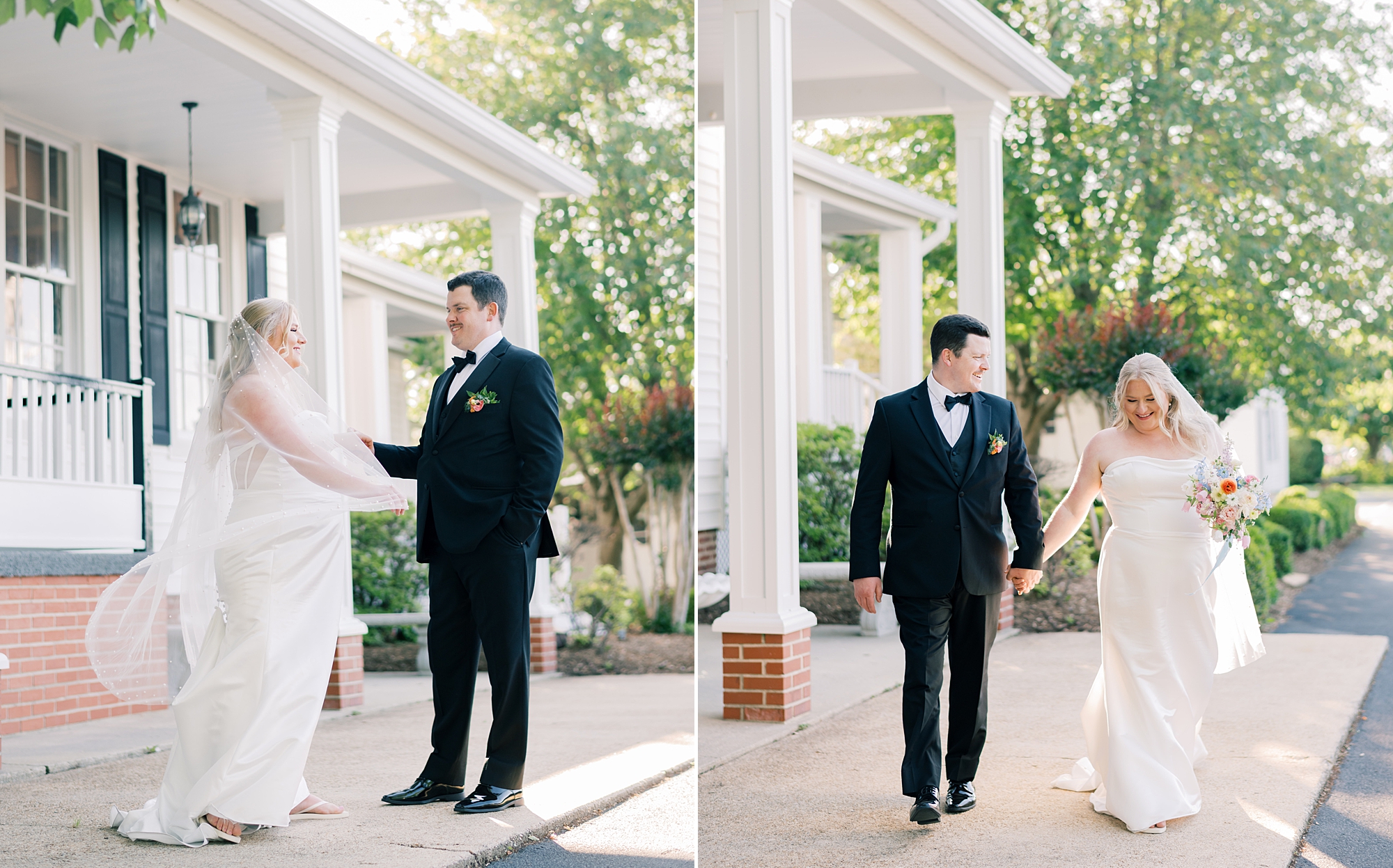 bride and groom walk outside porch at Olde Breton Inn