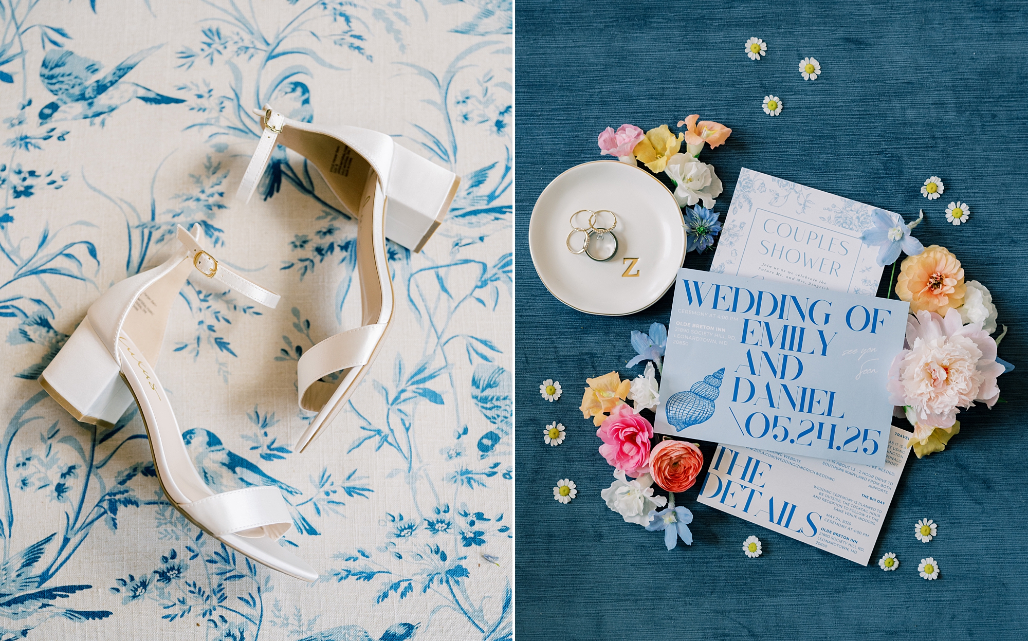 bride's ivory shoes and blue and white invention suite for vibrant wedding at Olde Breton Inn