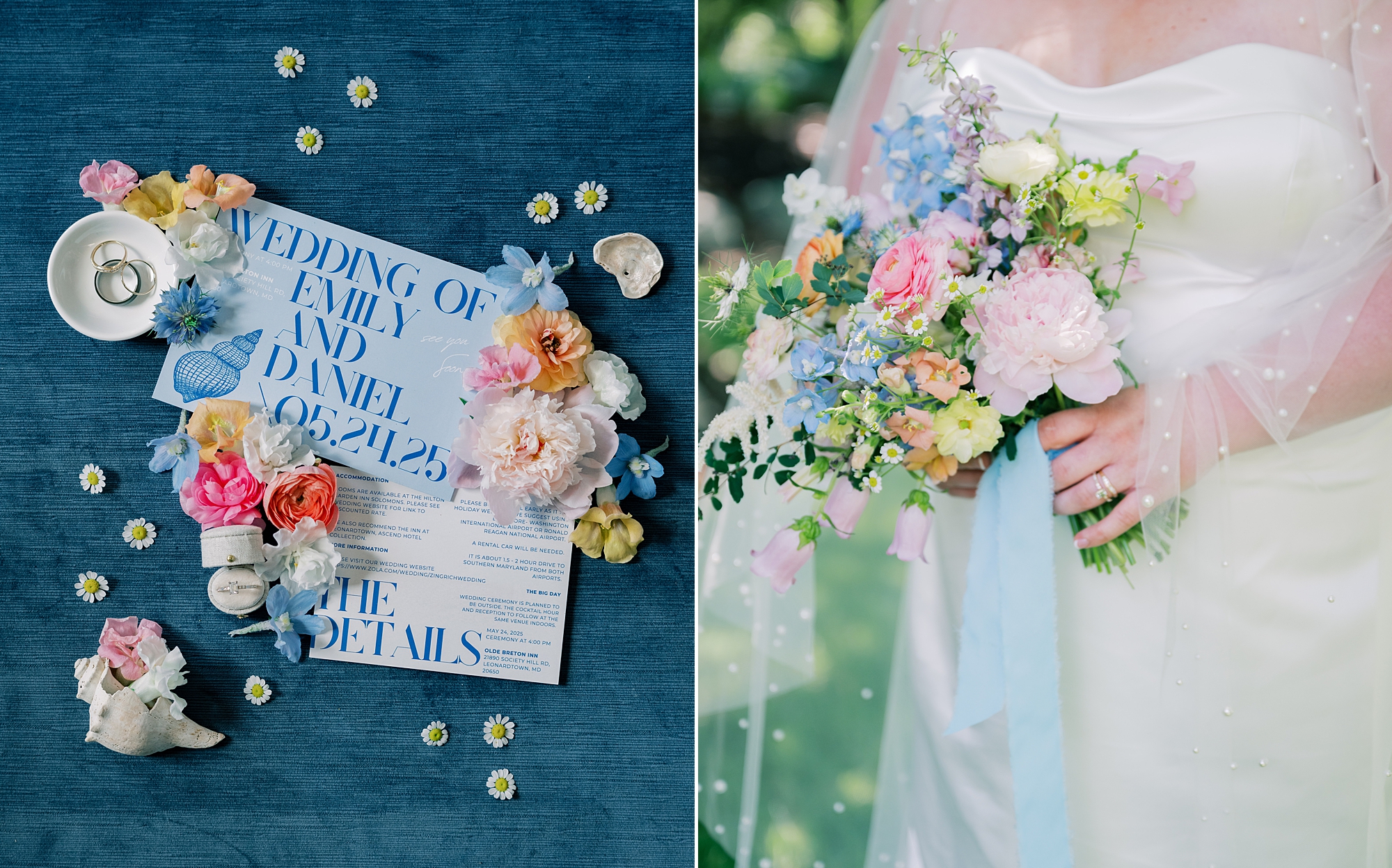 invitation suite with bright florals and bride's bouquet 