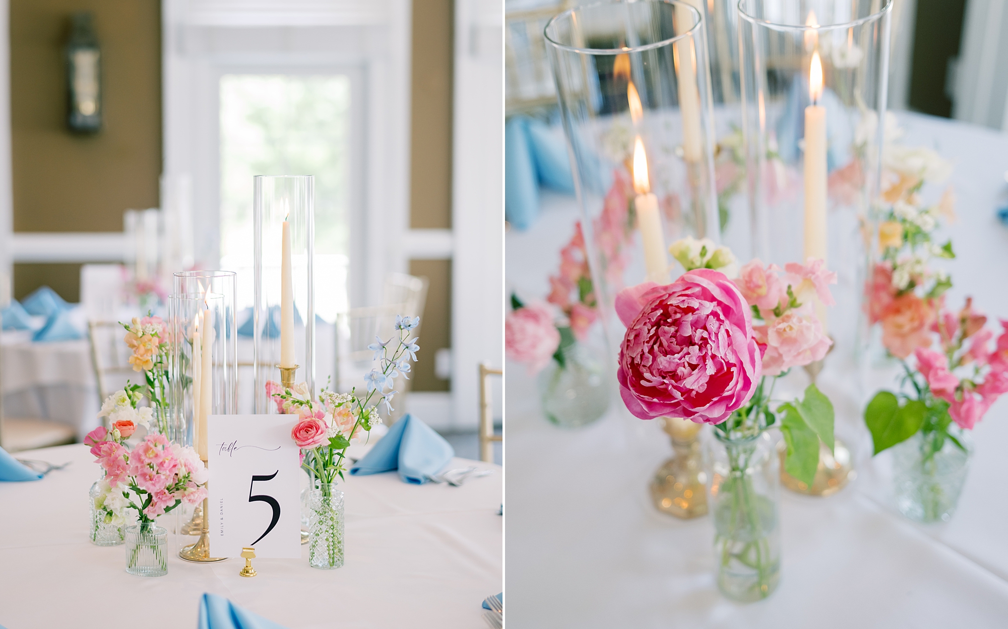 bright floral centepieces for wedding reception at Olde Breton Inn 