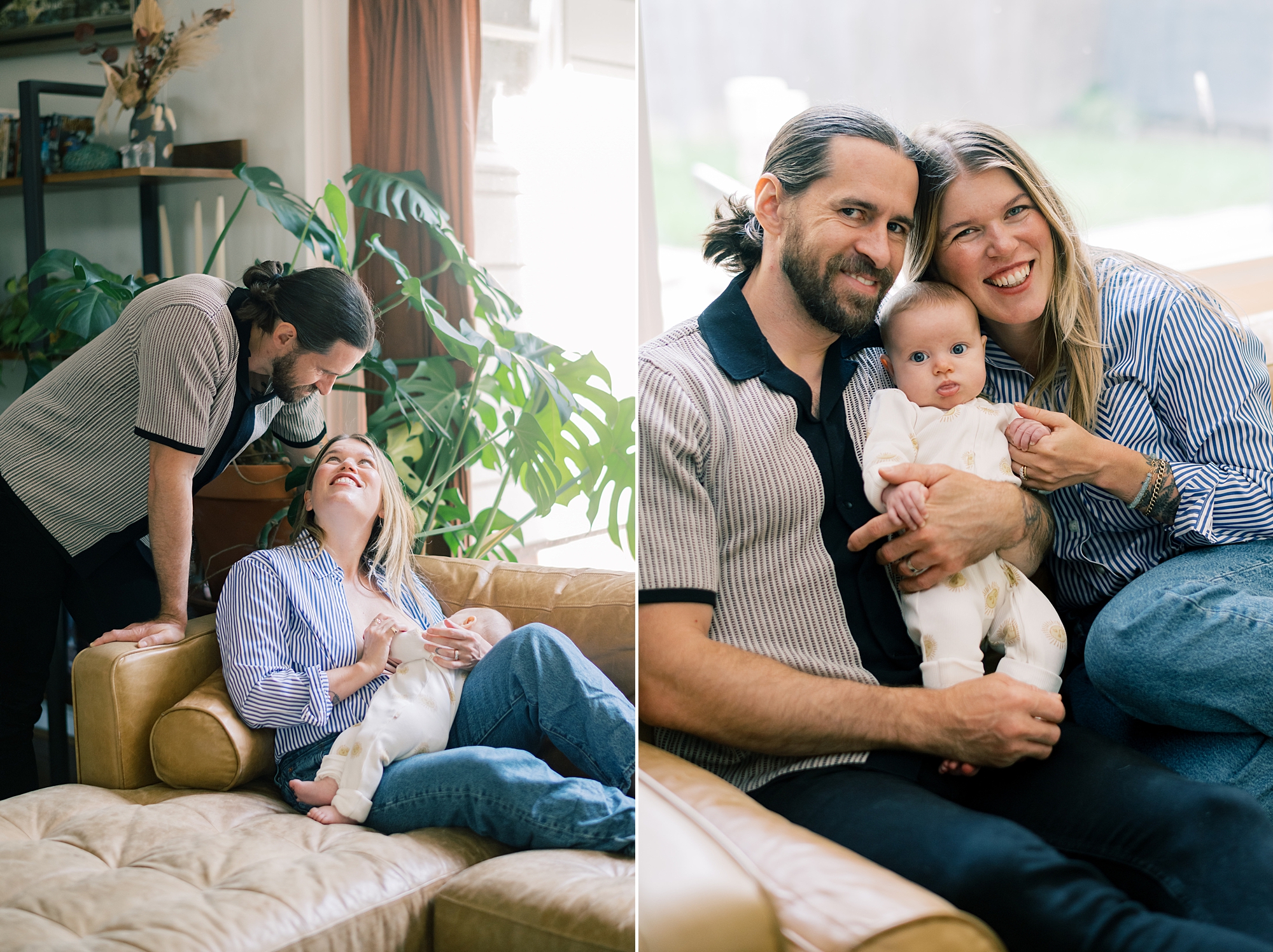 parents smile together and at baby during newborn session in Washington DC home