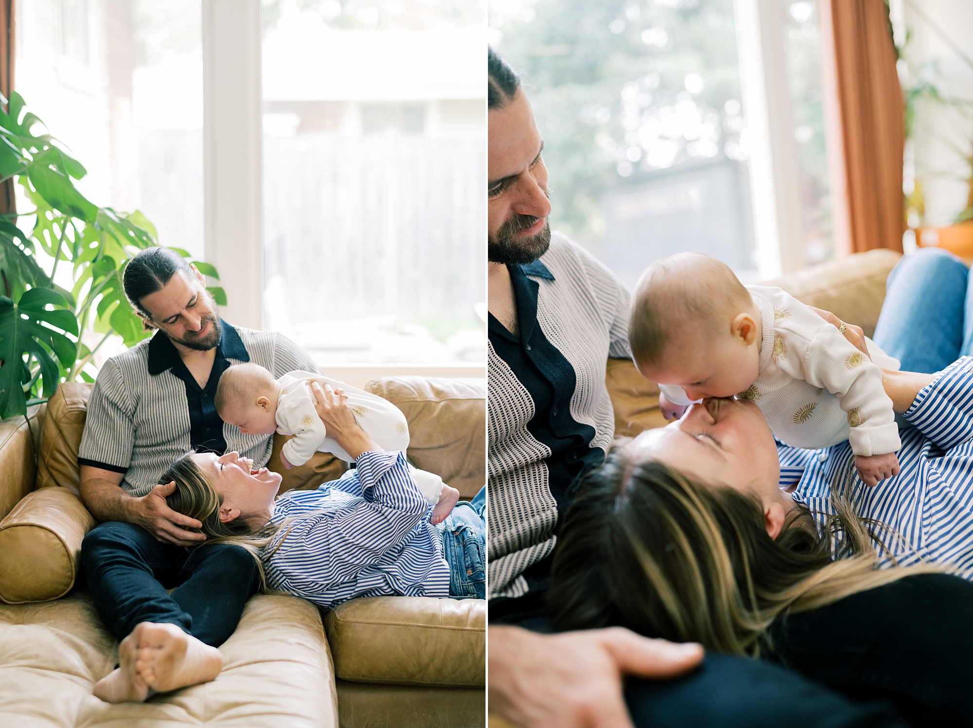 parents snuggle on couch with older newborn during newborn session in Washington DC home