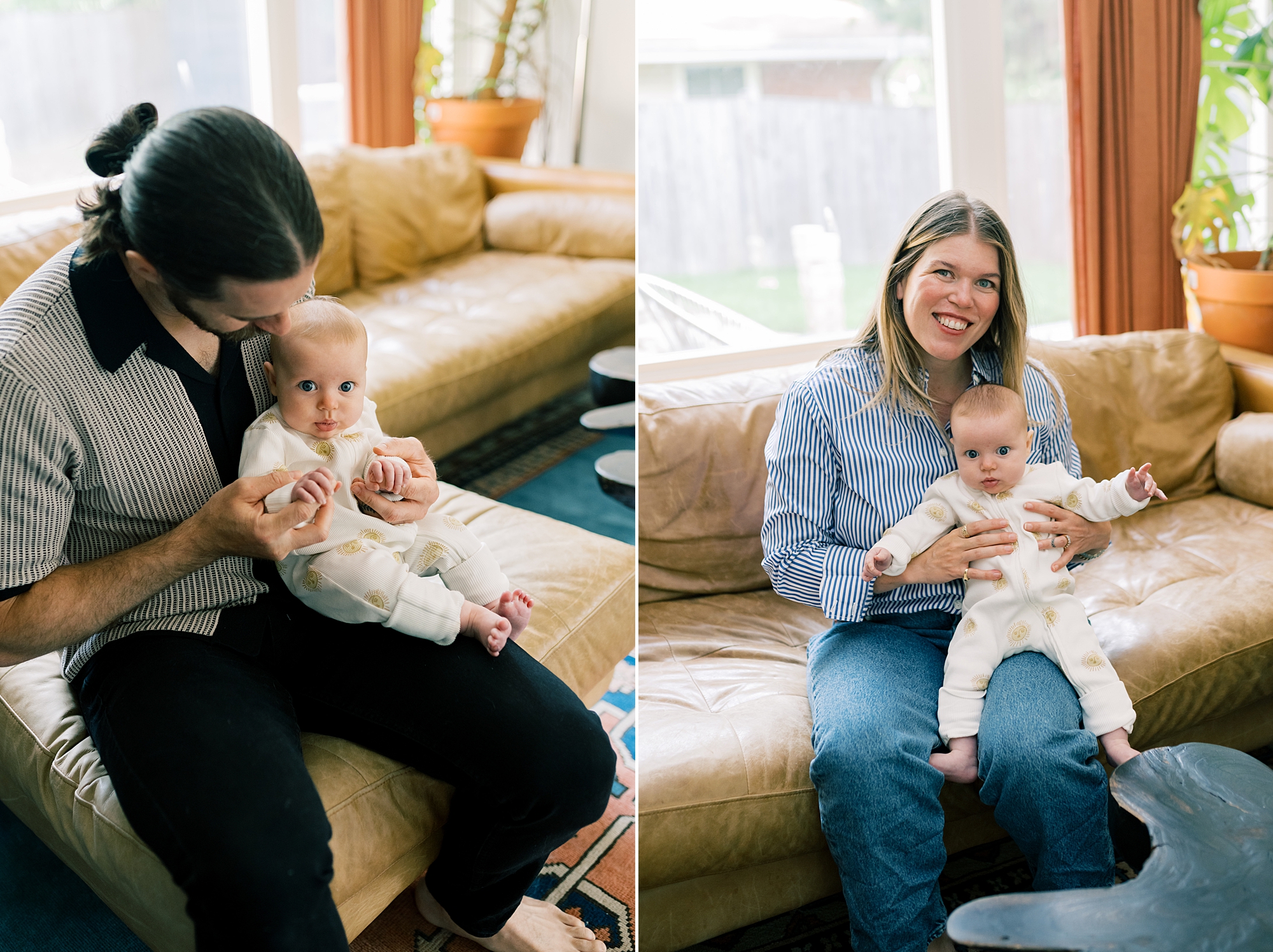 mom and dad sit on couch with older newborn baby