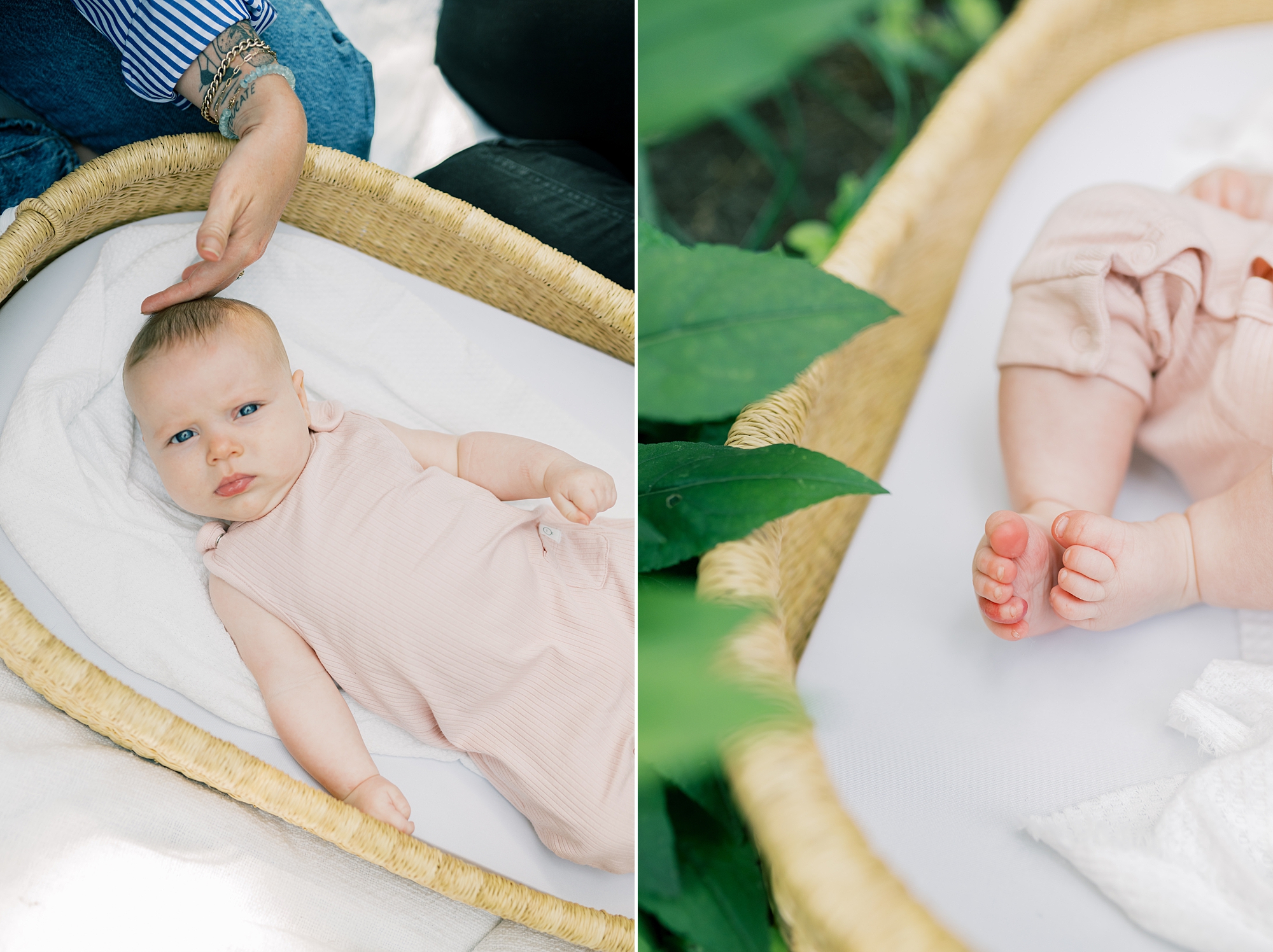 parents look at baby in basket during newborn session in Washington DC home