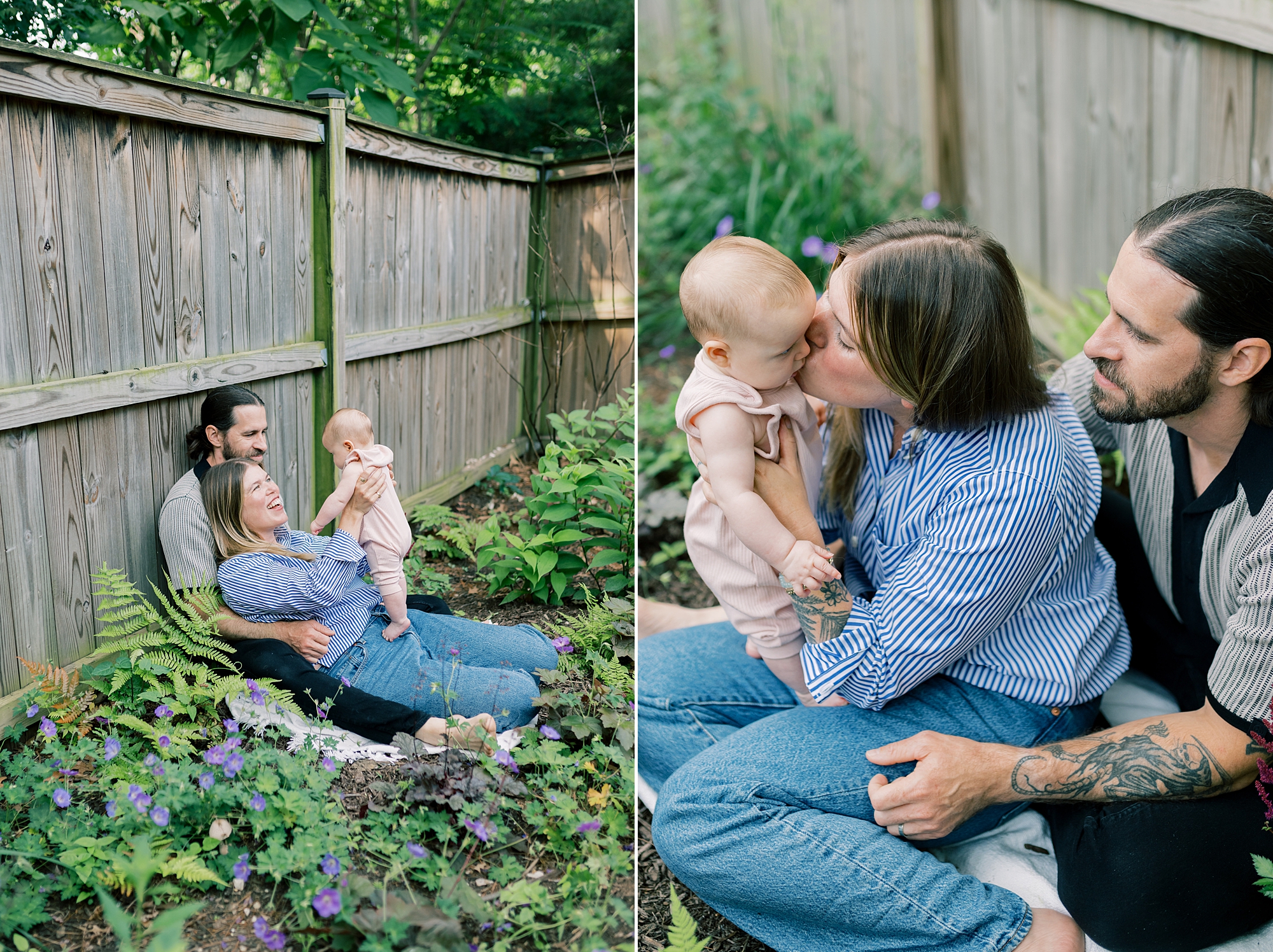 mom kneels down to kiss baby's cheek and plays with her in backyard