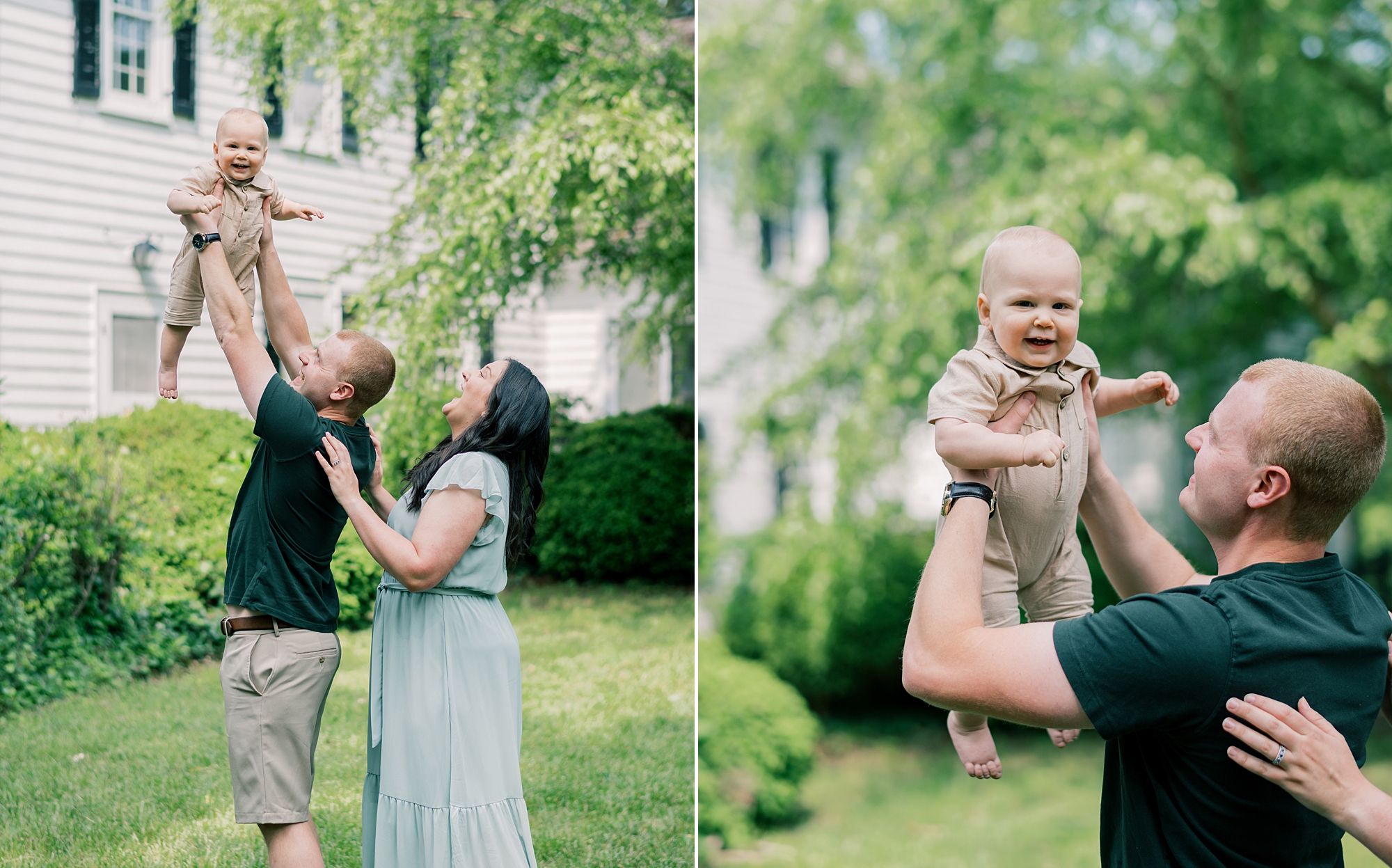 parents play with son during first birthday photos