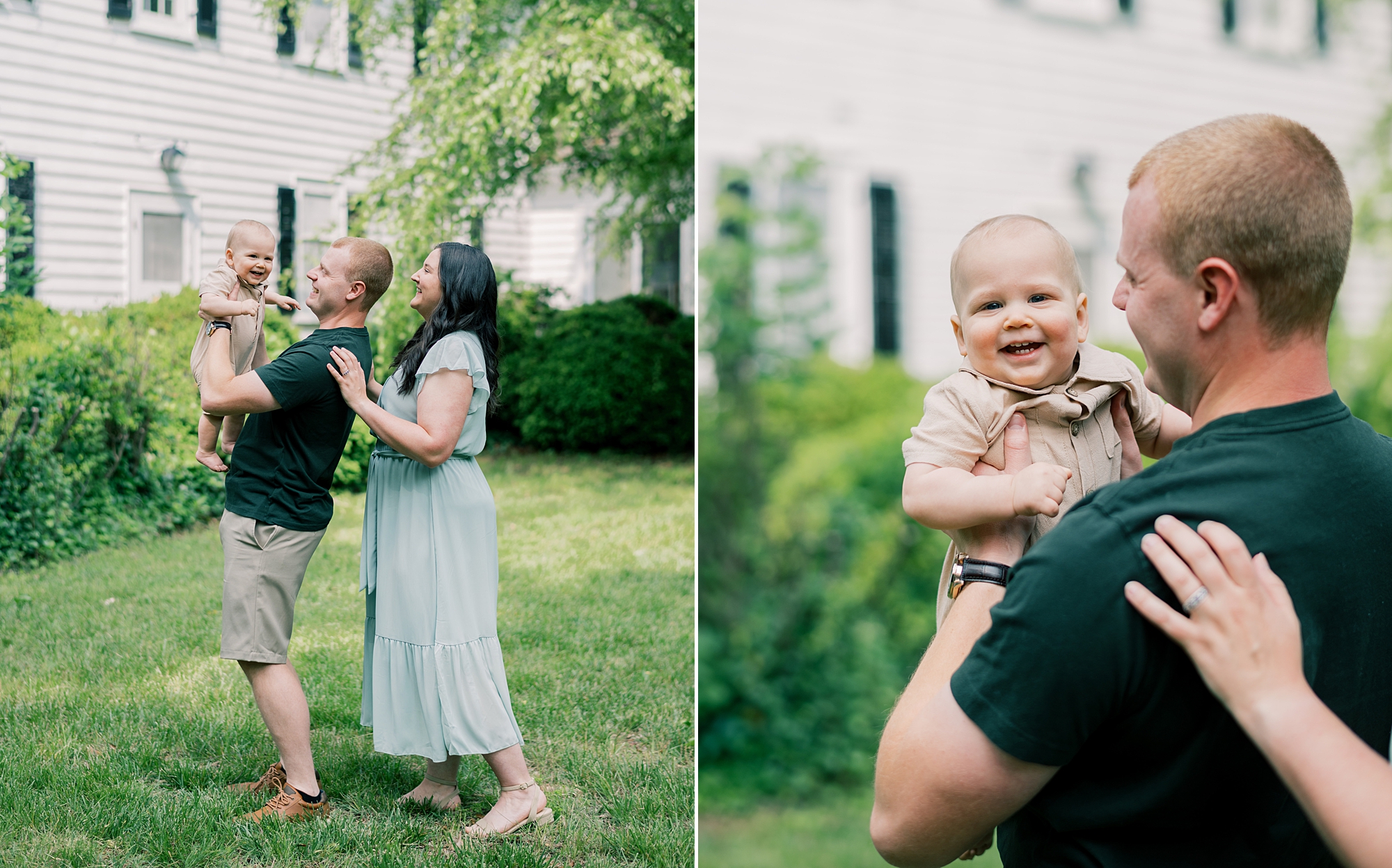dad holds son on shoulder during family photos on lawn of home