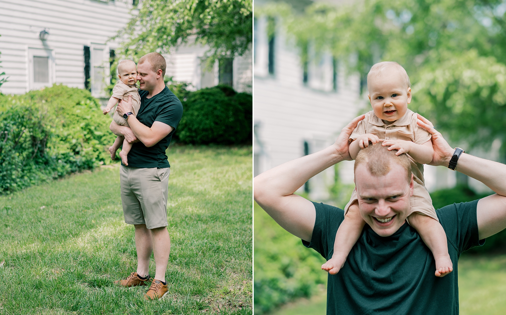 dad stands with toddler on before first birthday photos