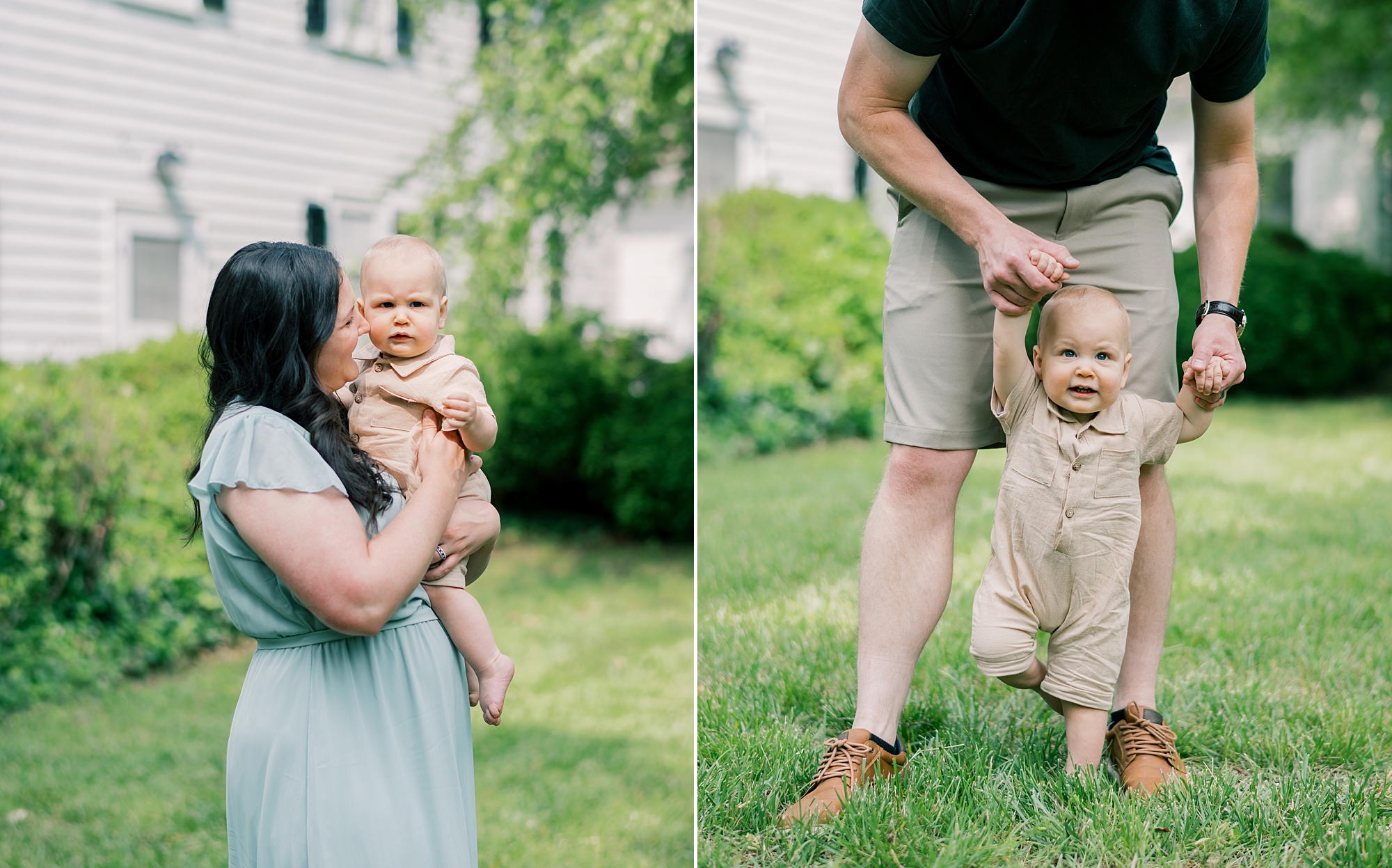 parents play with son during first birthday photo session