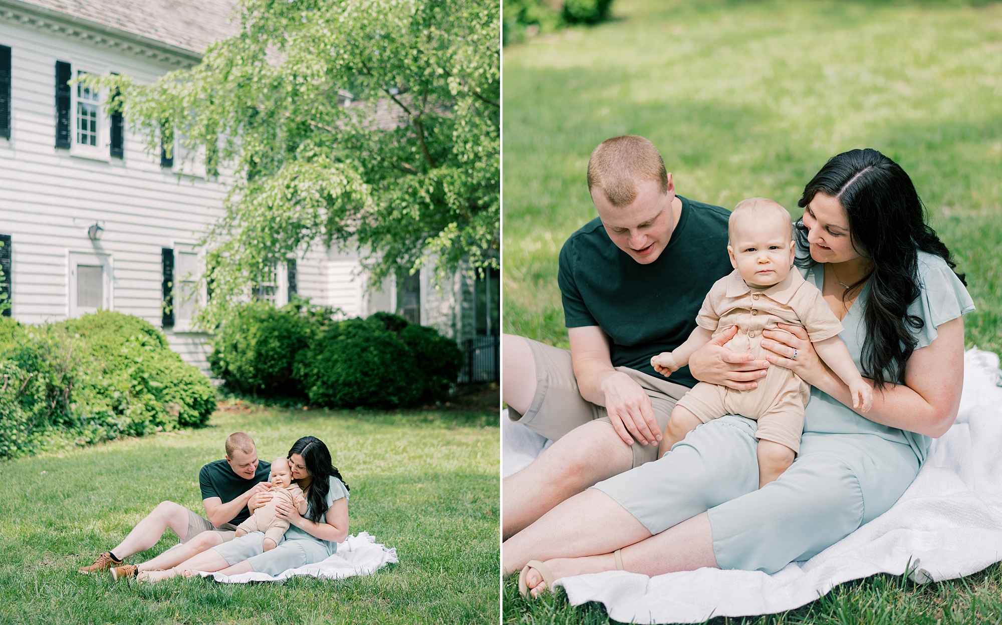 family sits on blanket with son during Paddington inspired first birthday portraits