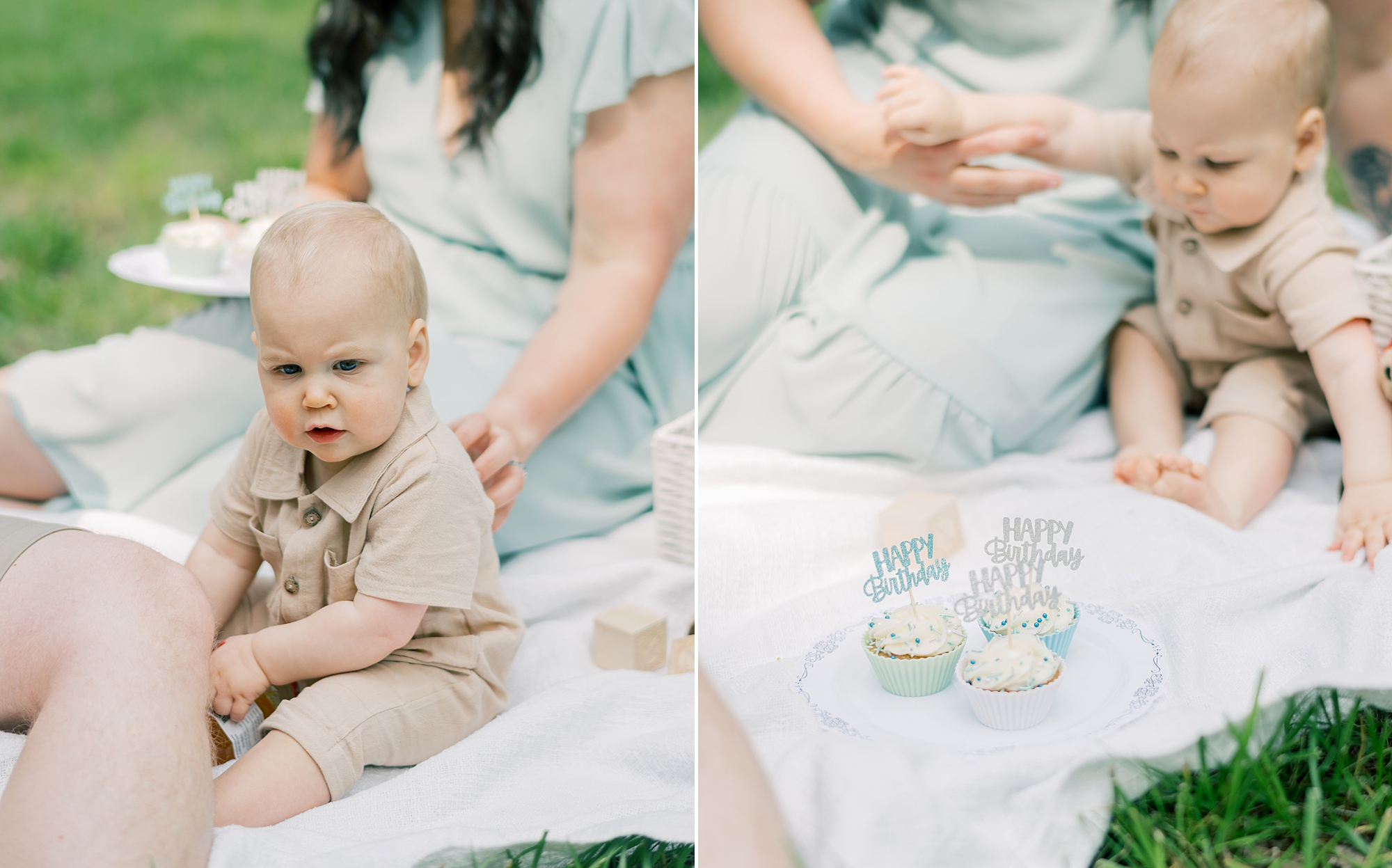 baby sits on blanket with three blue and white cupcakes 