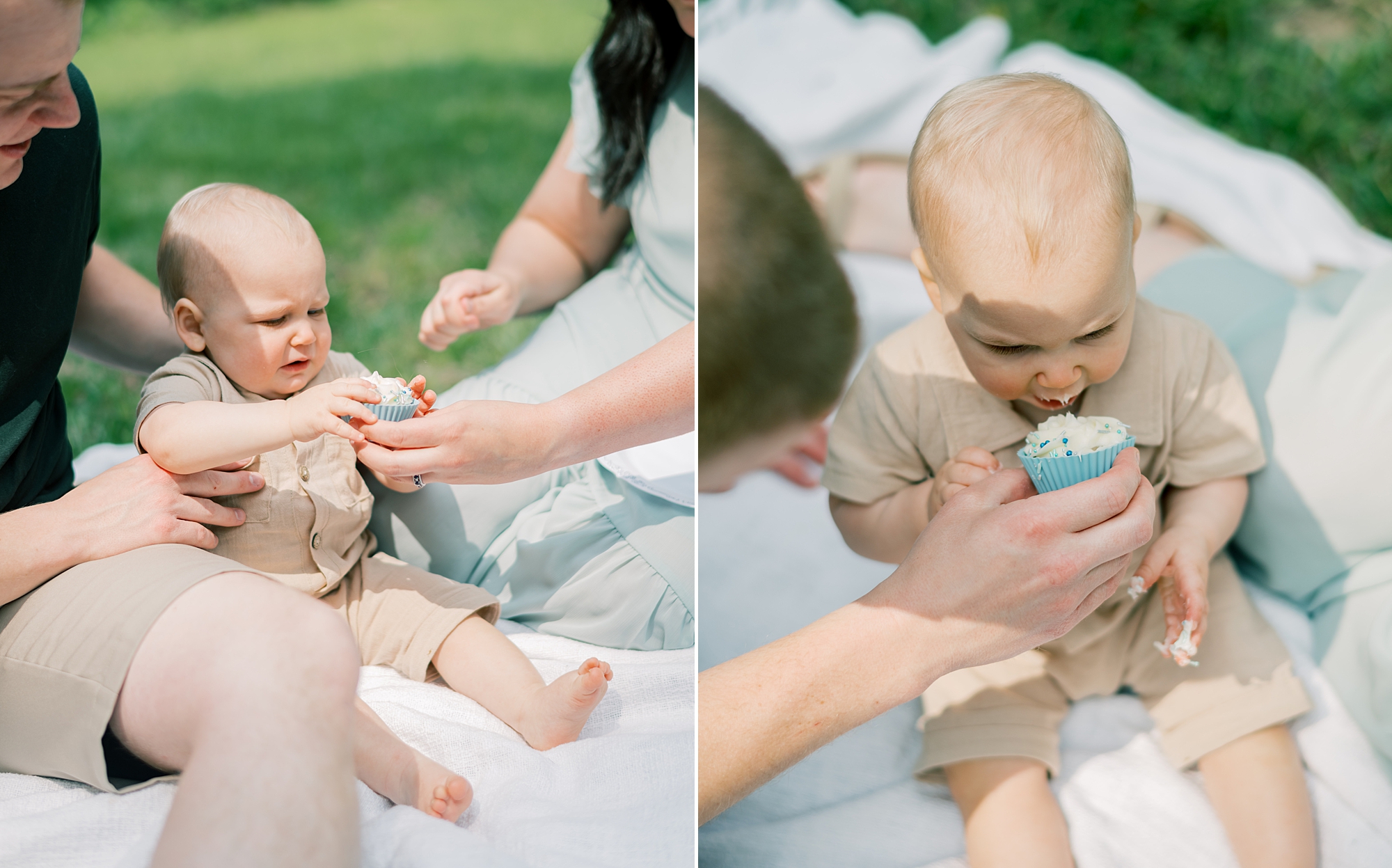 baby eats cupcake during Paddington inspired first birthday portraits