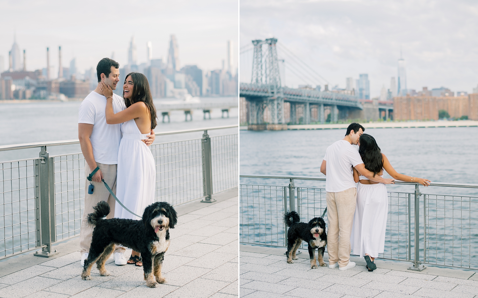 engaged couple poses with dog along Hudson River with Brooklyn bridge in distance