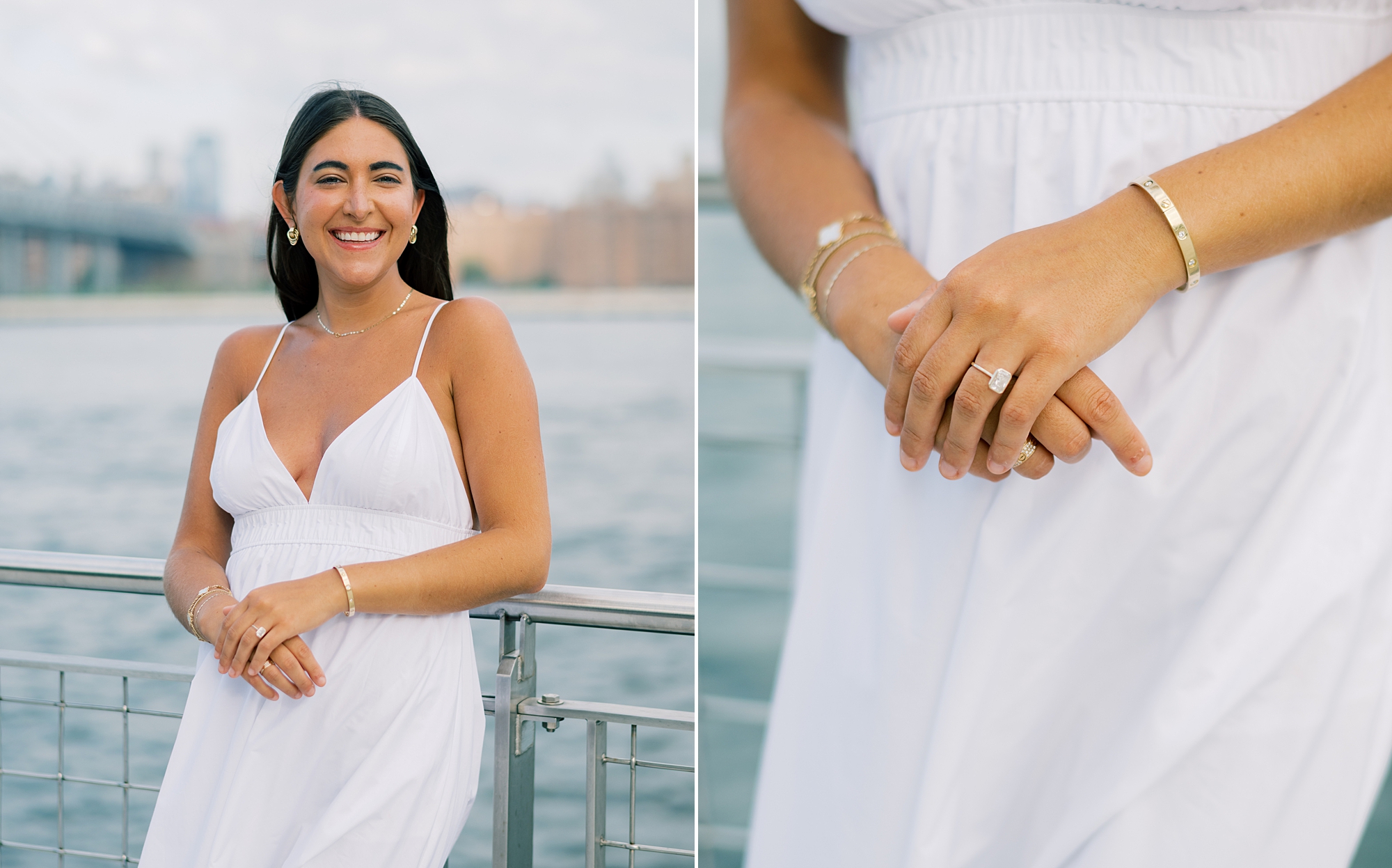 dark haired woman leans against railing in white dress showing off engagement ring