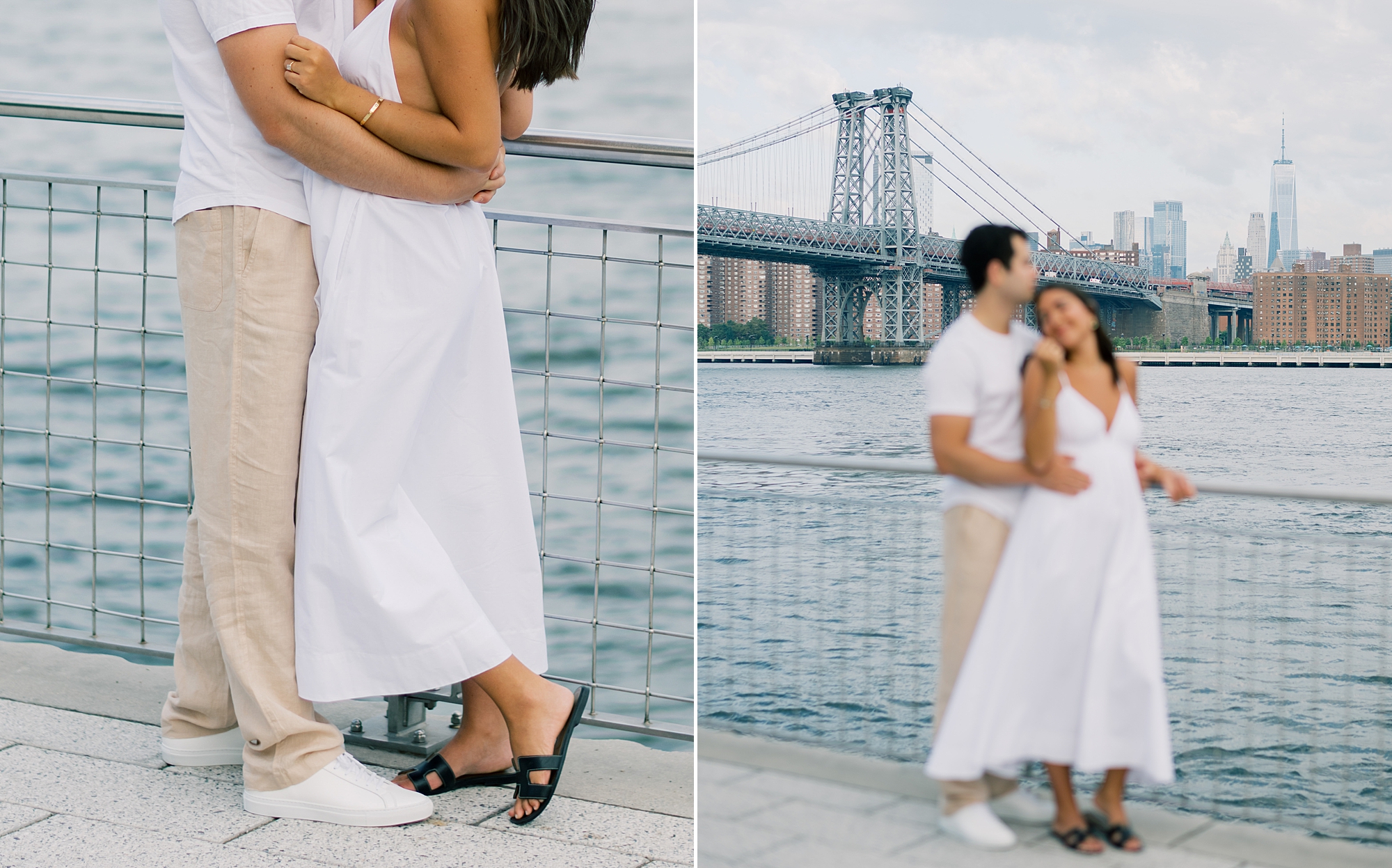 woman in white dress hugs man against railing at Domino Park